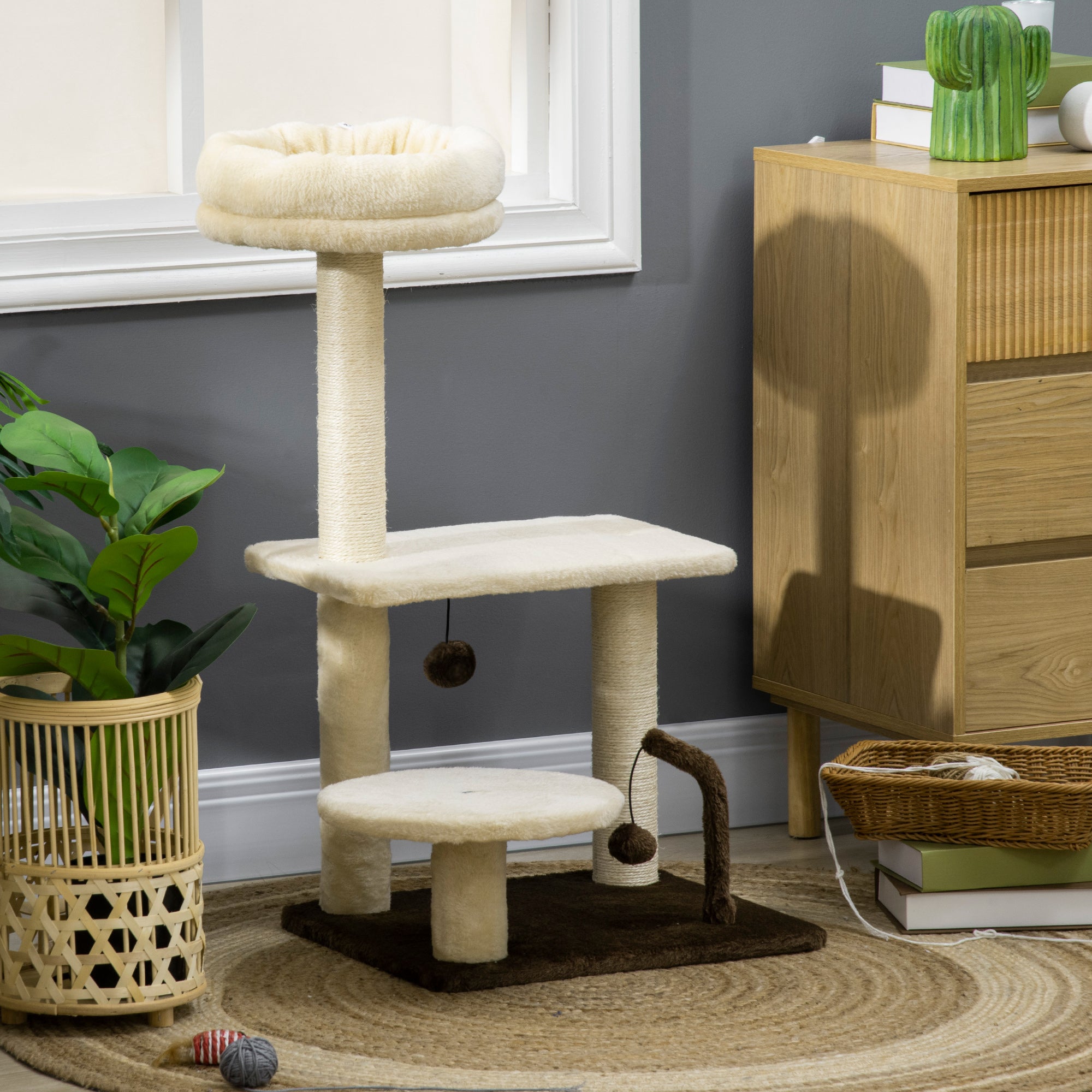 PawHut 29 Inches Cat Tree Kitty Tower with Sisal Scratching Post Bed Perch Ball Teaser Toy, Beige