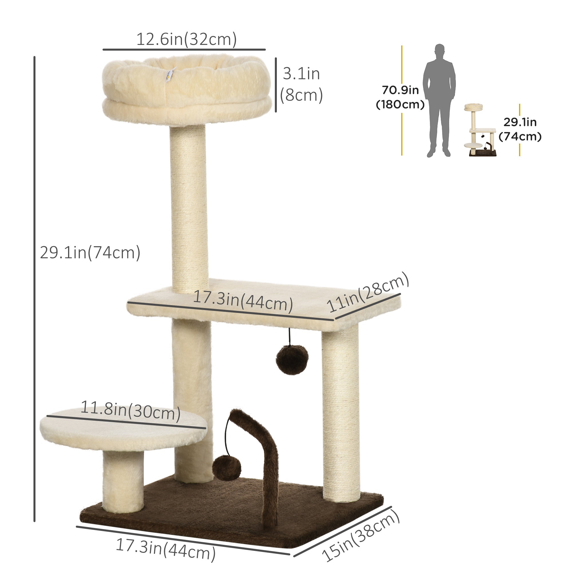PawHut 29 Inches Cat Tree Kitty Tower with Sisal Scratching Post Bed Perch Ball Teaser Toy, Beige