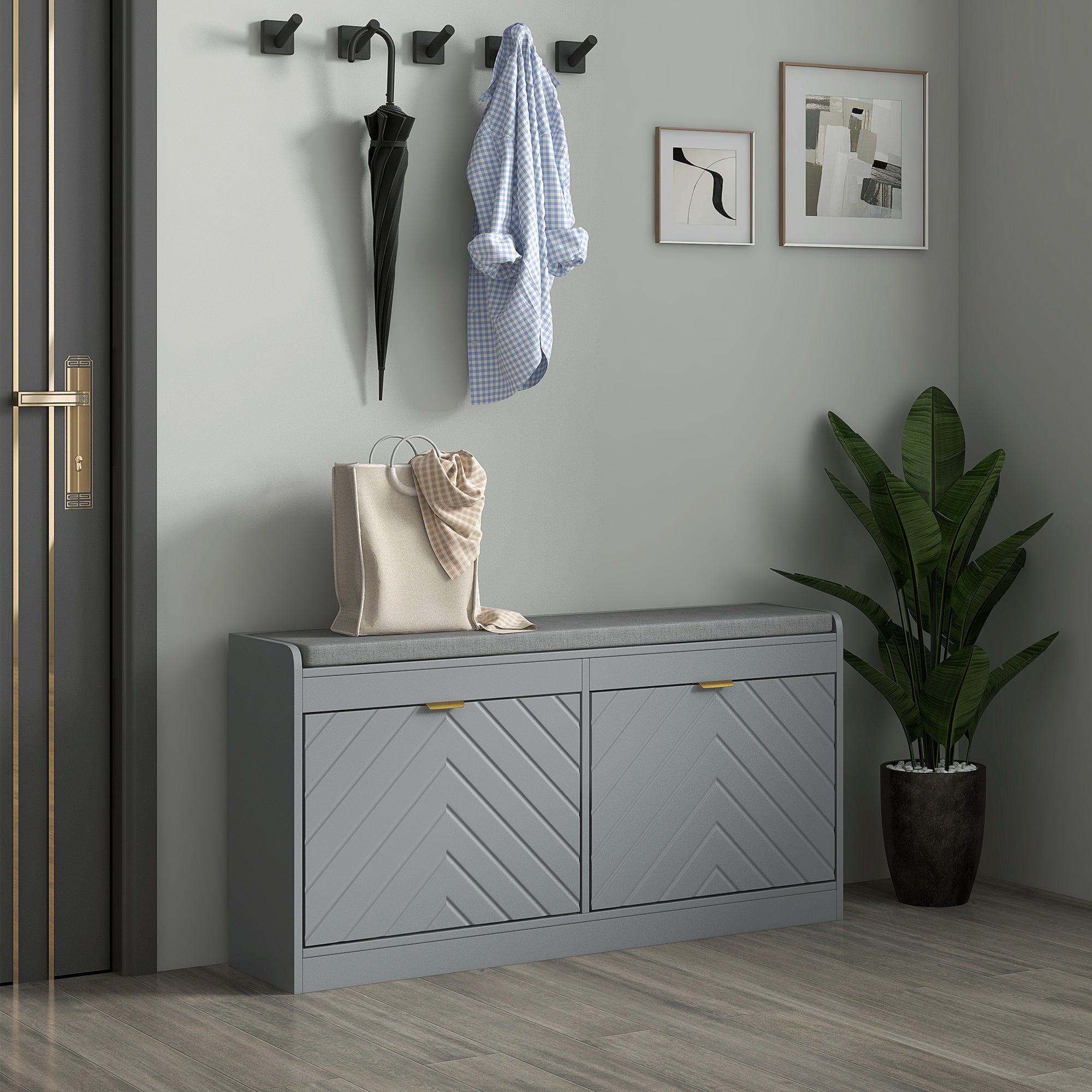 HOMCOM Shoe Bench, Entryway Bench with 2 Flip Drawers, Seating Cushion and 4 Vents for 8 Pairs of Shoes for Hallway, Grey