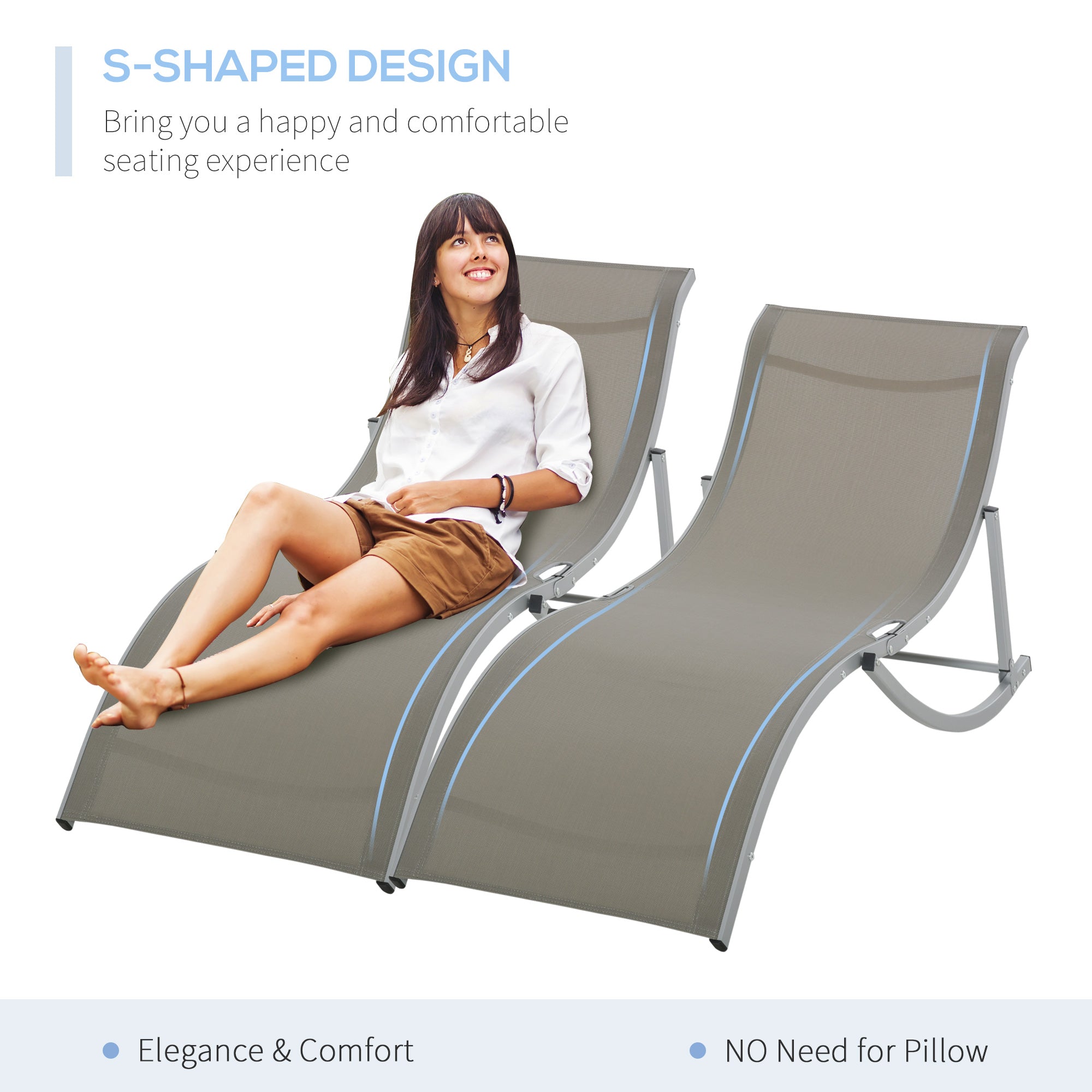 Outsunny Pool Chaise Lounge Chairs Set of 2, S-shaped Foldable Outdoor Chaise Lounge Chair Reclining for Patio Beach Garden With 264lbs Weight Capacity, Light Grey