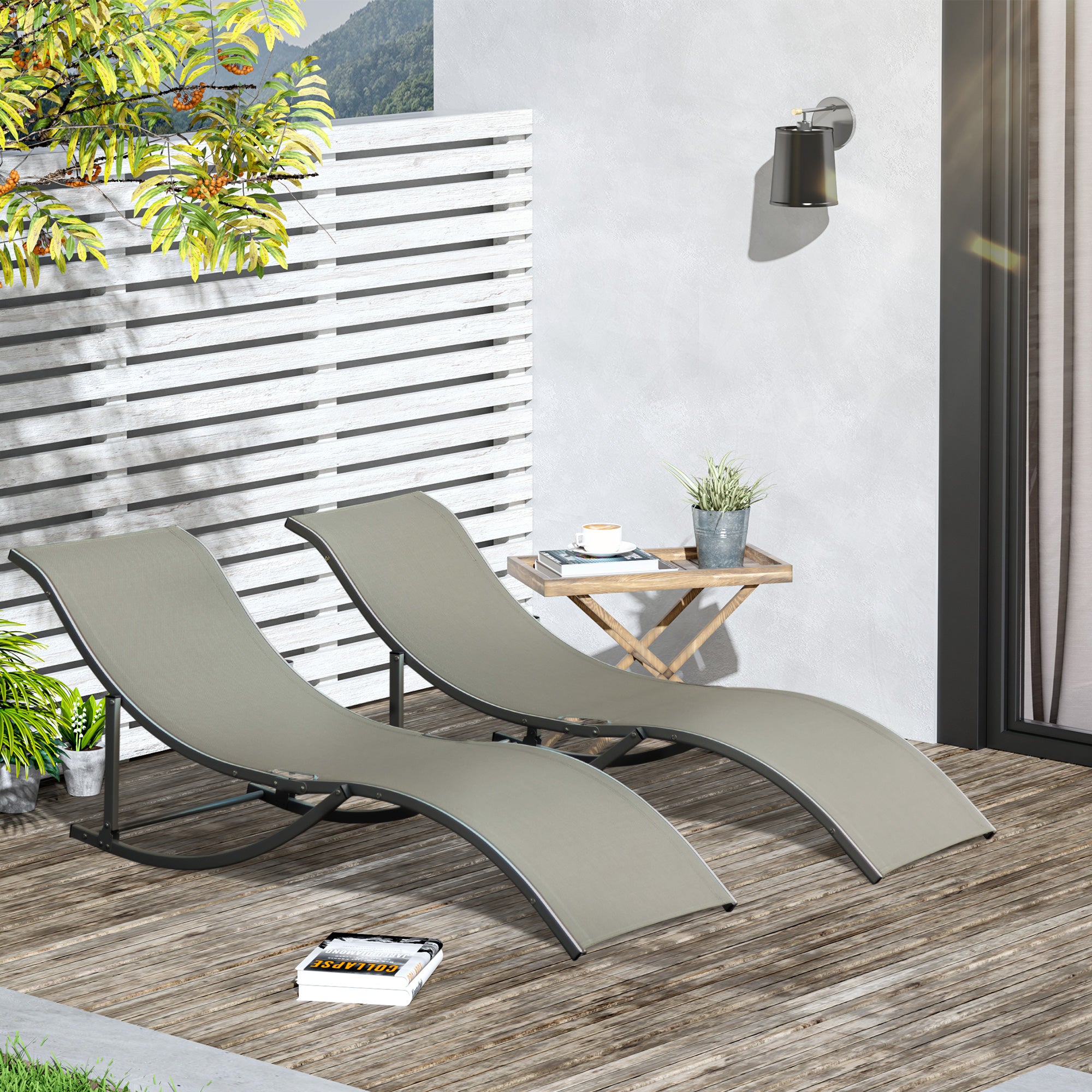 Outsunny Pool Chaise Lounge Chairs Set of 2, S-shaped Foldable Outdoor Chaise Lounge Chair Reclining for Patio Beach Garden With 264lbs Weight Capacity, Light Grey