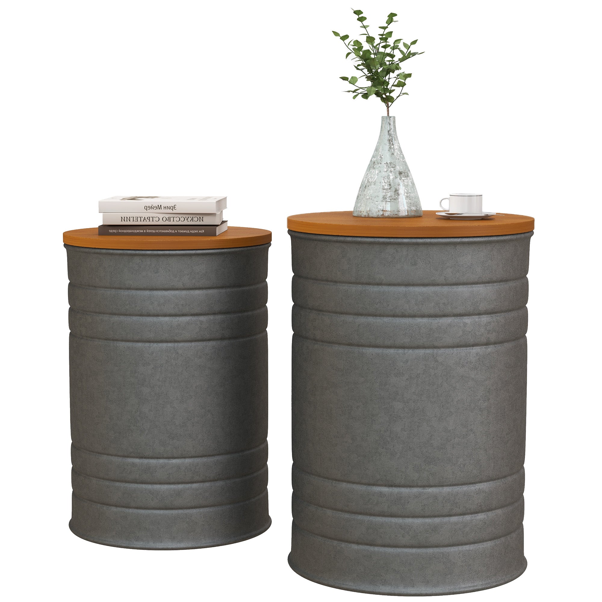 HOMCOM Nesting Tables, Side Table Set of 2, Round Coffee Table with Removable Wood Lid, Metal Frame and Hidden Space, Industrial End Tables for Living Room, Grey