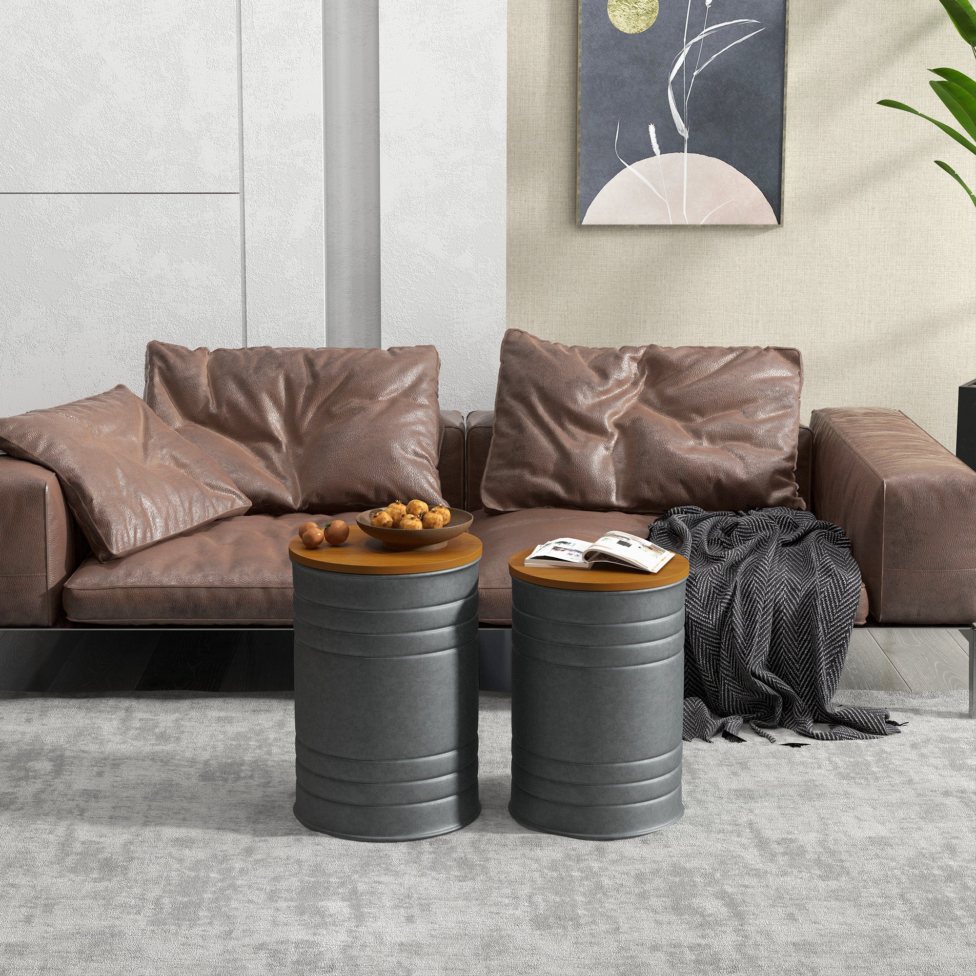 HOMCOM Nesting Tables, Side Table Set of 2, Round Coffee Table with Removable Wood Lid, Metal Frame and Hidden Space, Industrial End Tables for Living Room, Grey