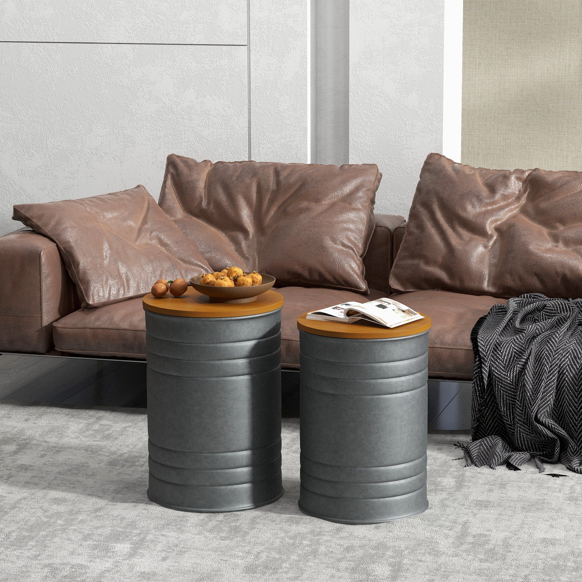 HOMCOM Nesting Tables, Side Table Set of 2, Round Coffee Table with Removable Wood Lid, Metal Frame and Hidden Space, Industrial End Tables for Living Room, Grey
