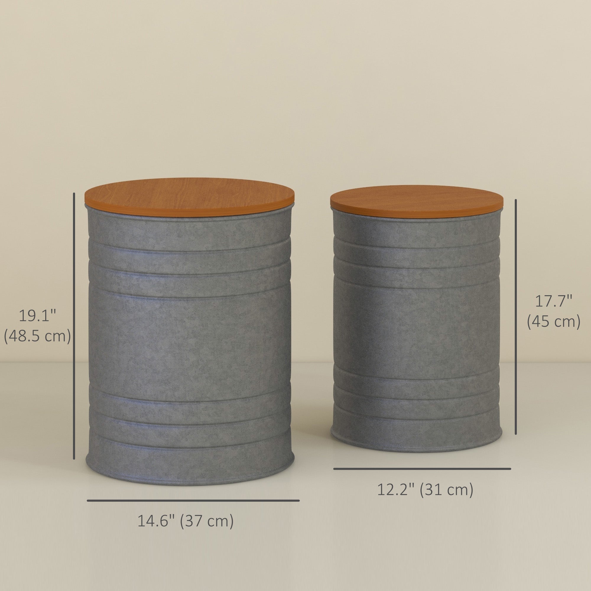 HOMCOM Nesting Tables, Side Table Set of 2, Round Coffee Table with Removable Wood Lid, Metal Frame and Hidden Space, Industrial End Tables for Living Room, Grey