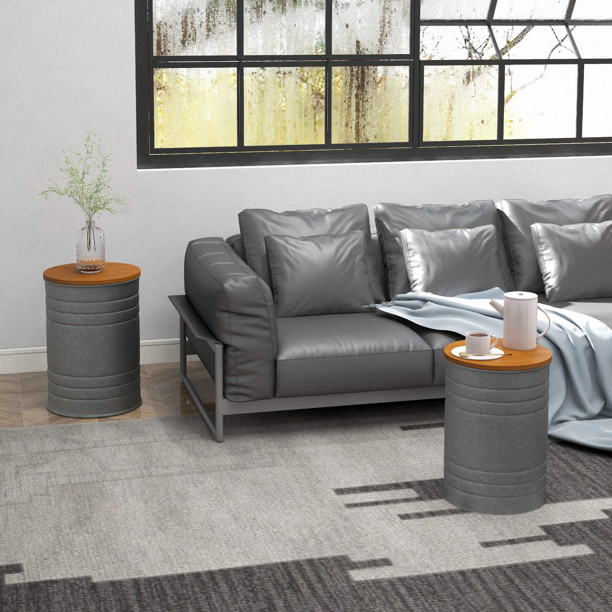 HOMCOM Nesting Tables, Side Table Set of 2, Round Coffee Table with Removable Wood Lid, Metal Frame and Hidden Space, Industrial End Tables for Living Room, Grey