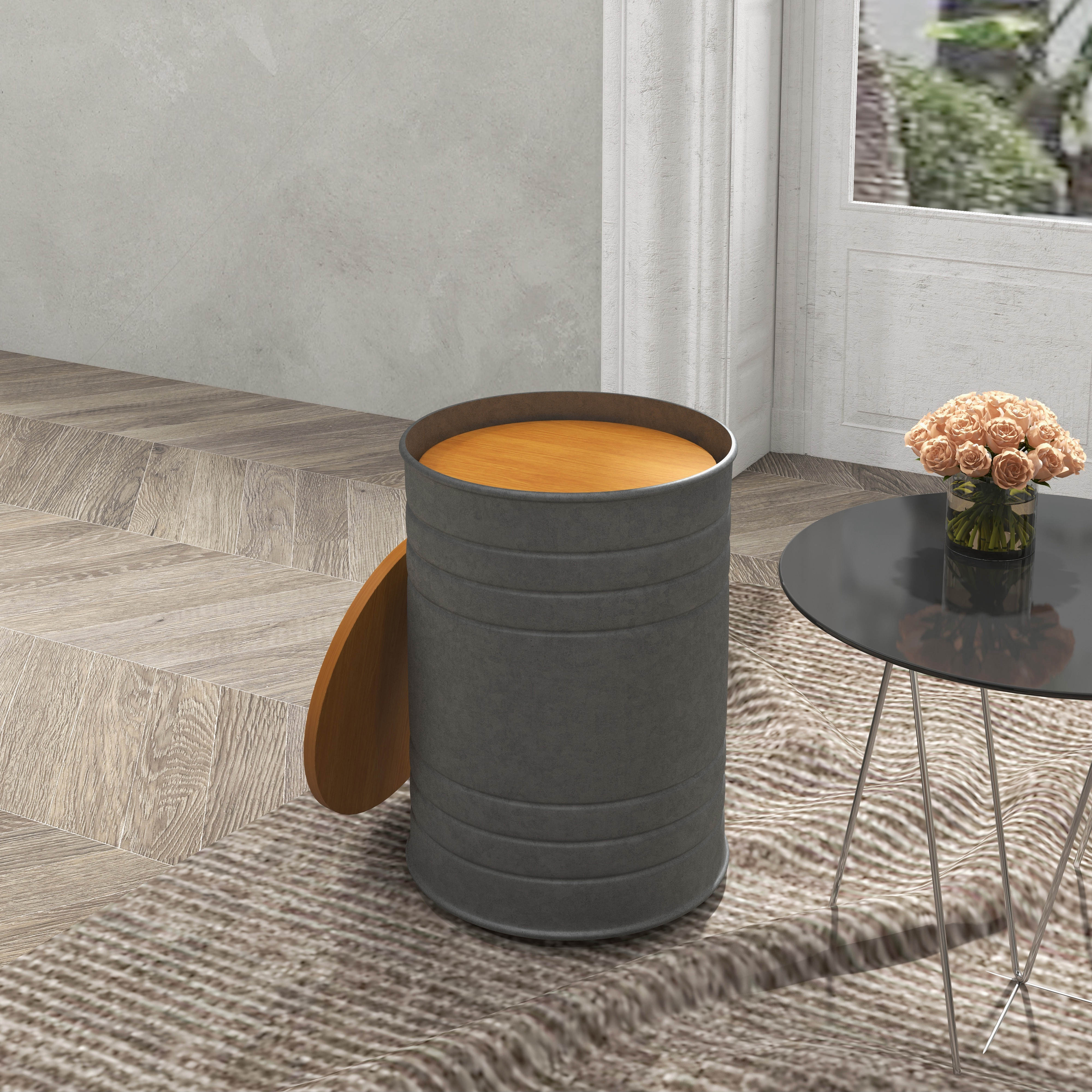 HOMCOM Nesting Tables, Side Table Set of 2, Round Coffee Table with Removable Wood Lid, Metal Frame and Hidden Space, Industrial End Tables for Living Room, Grey