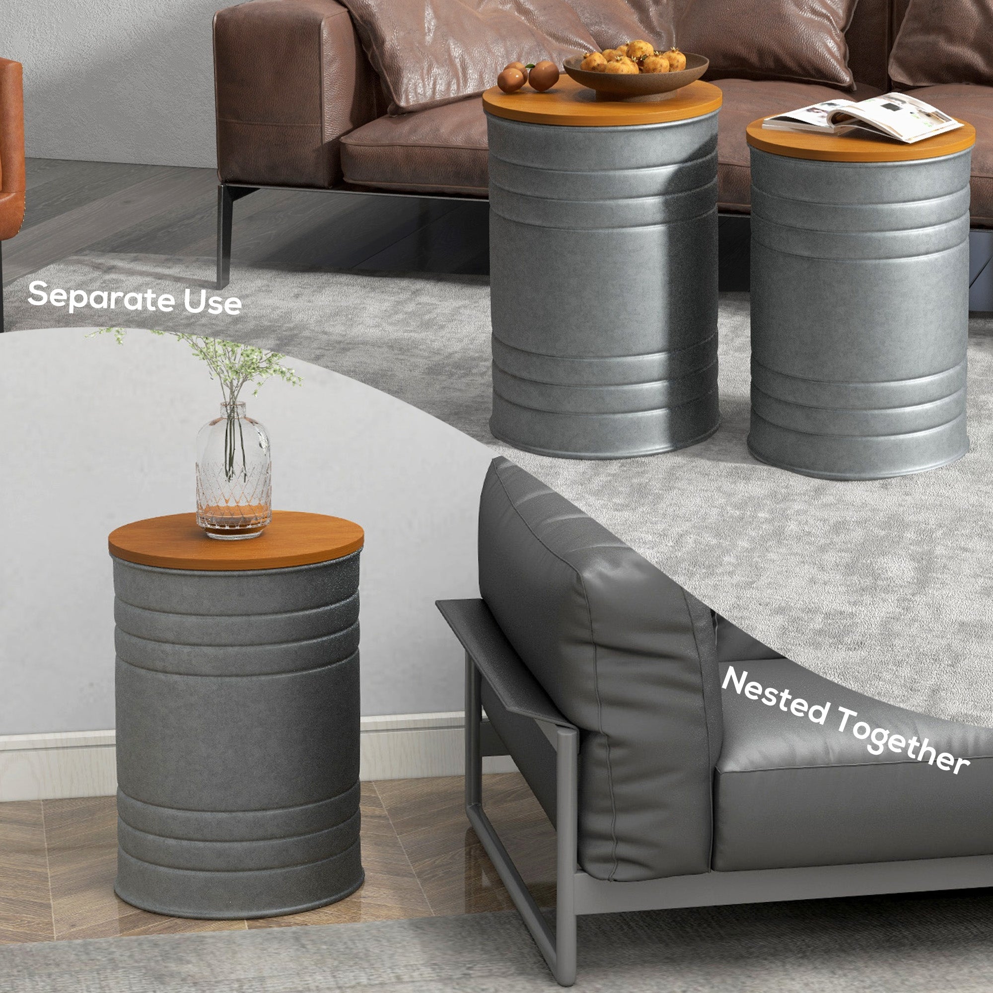 HOMCOM Nesting Tables, Side Table Set of 2, Round Coffee Table with Removable Wood Lid, Metal Frame and Hidden Space, Industrial End Tables for Living Room, Grey