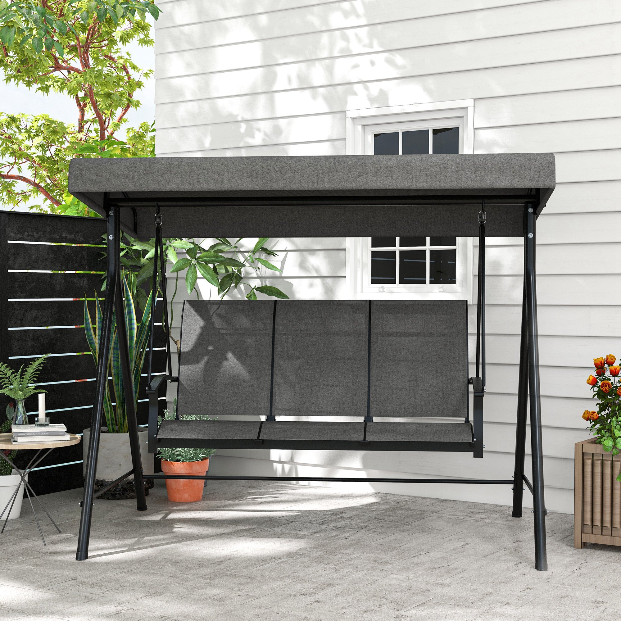 Outsunny 3 Seater Outdoor Swing Chair with Adjustable Canopy, Metal Porch Swing Bench for Patio, Garden, Backyard, Lawn, Dark Grey