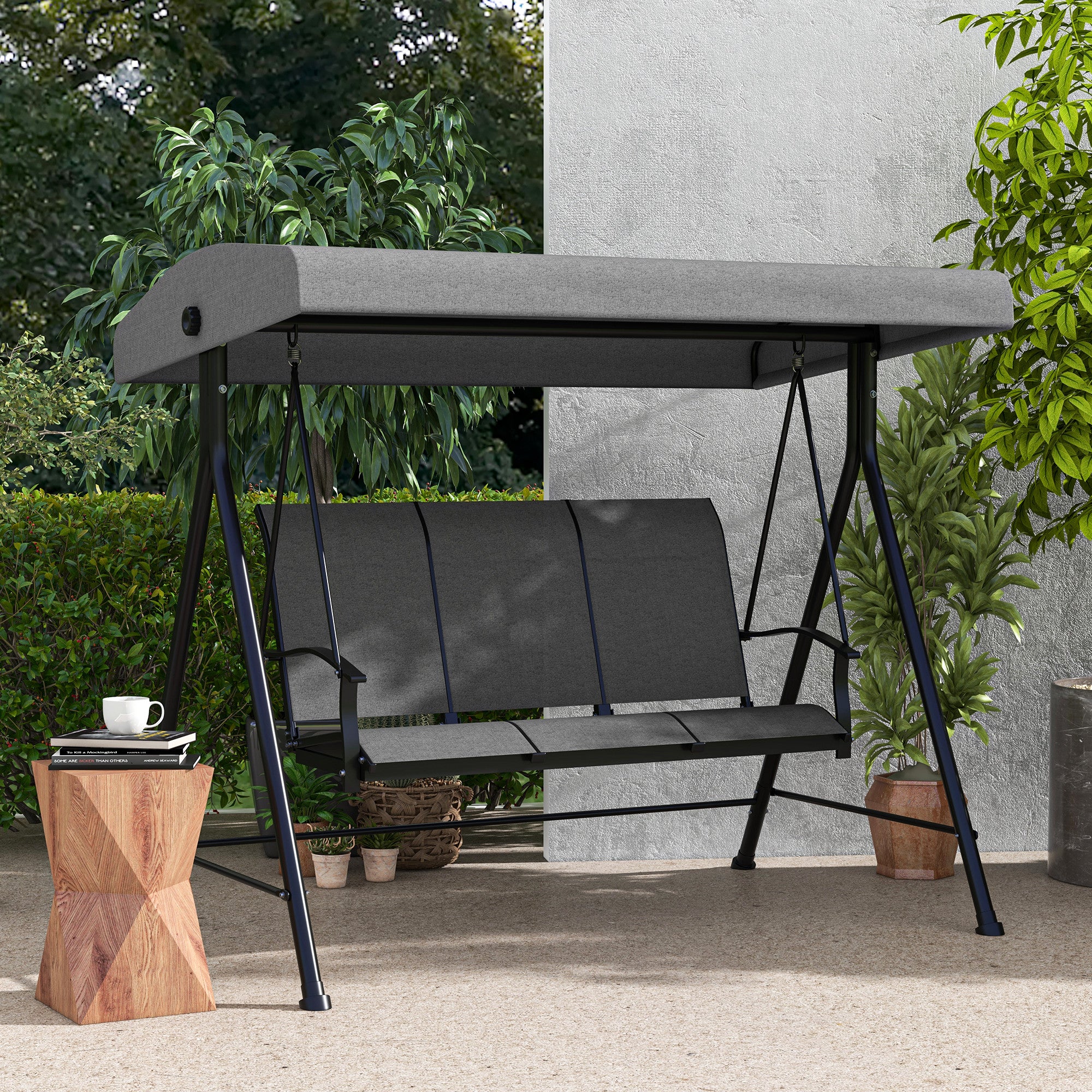 Outsunny 3 Seater Outdoor Swing Chair with Adjustable Canopy, Metal Porch Swing Bench for Patio, Garden, Backyard, Lawn, Dark Grey