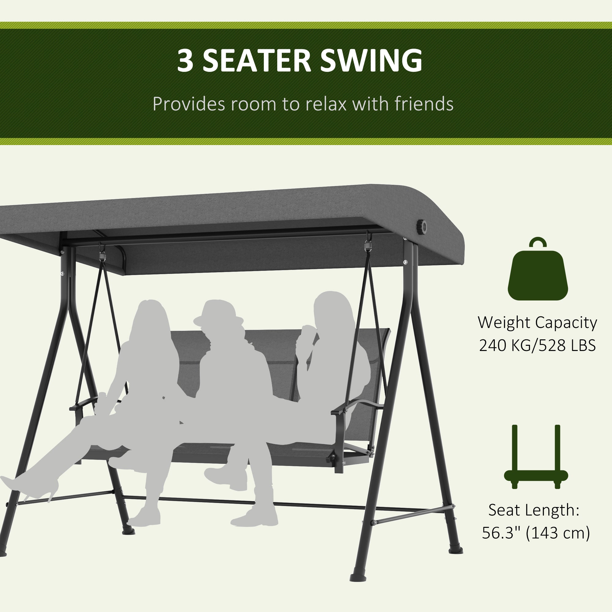 Outsunny 3 Seater Outdoor Swing Chair with Adjustable Canopy, Metal Porch Swing Bench for Patio, Garden, Backyard, Lawn, Dark Grey