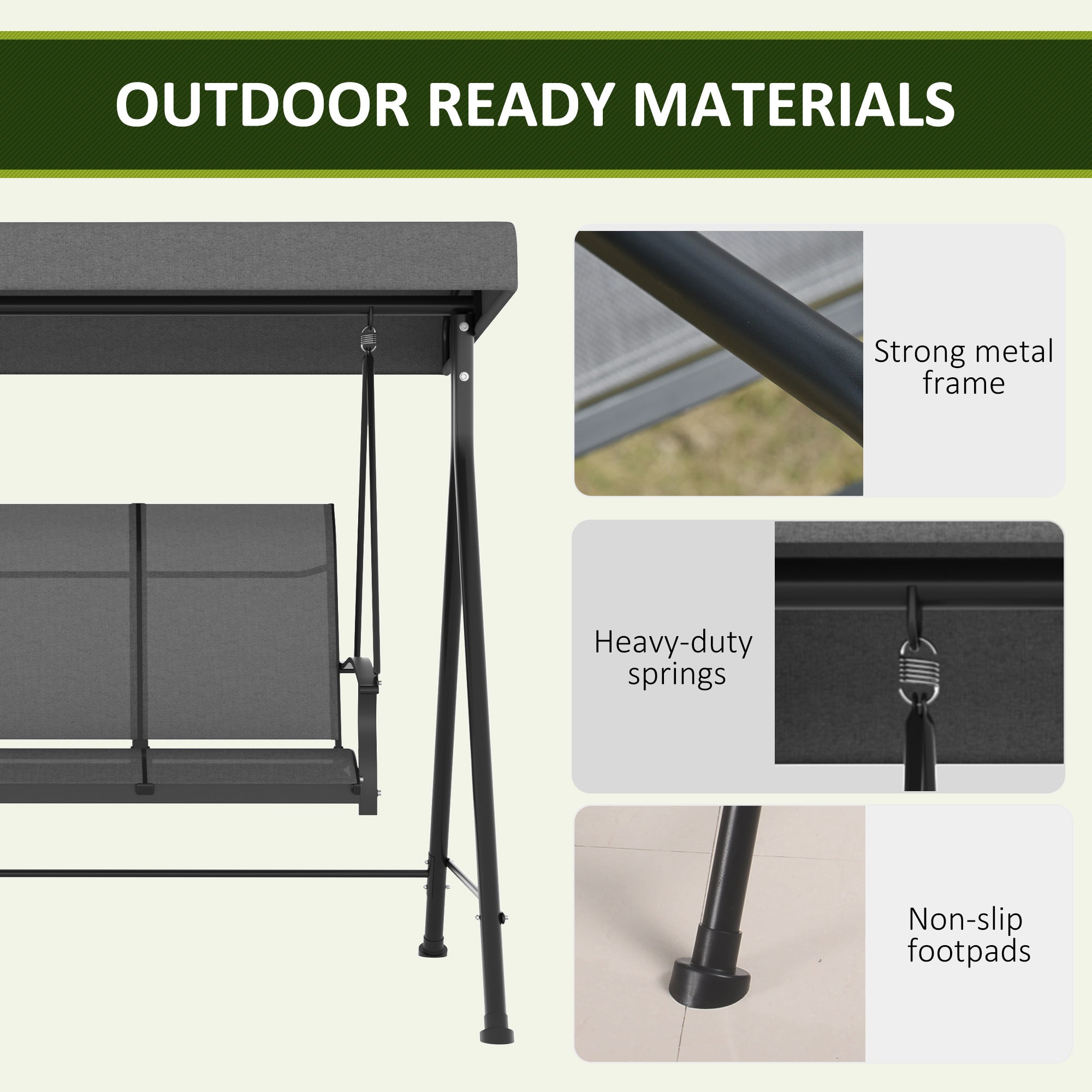 Outsunny 3 Seater Outdoor Swing Chair with Adjustable Canopy, Metal Porch Swing Bench for Patio, Garden, Backyard, Lawn, Dark Grey