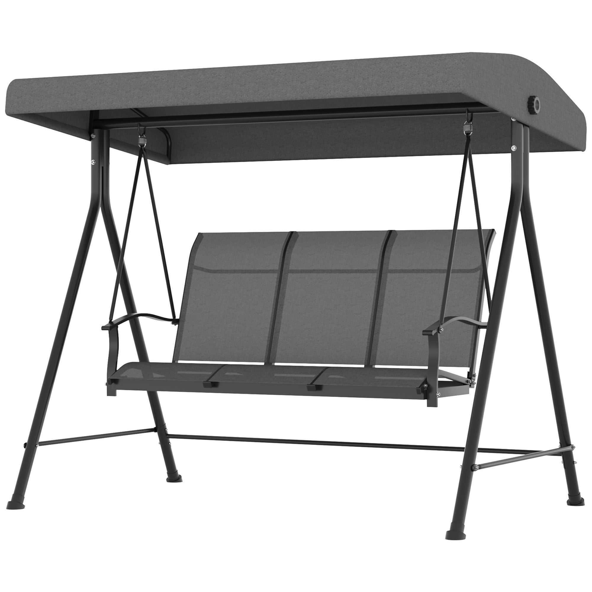 Outsunny 3 Seater Outdoor Swing Chair with Adjustable Canopy, Metal Porch Swing Bench for Patio, Garden, Backyard, Lawn, Dark Grey