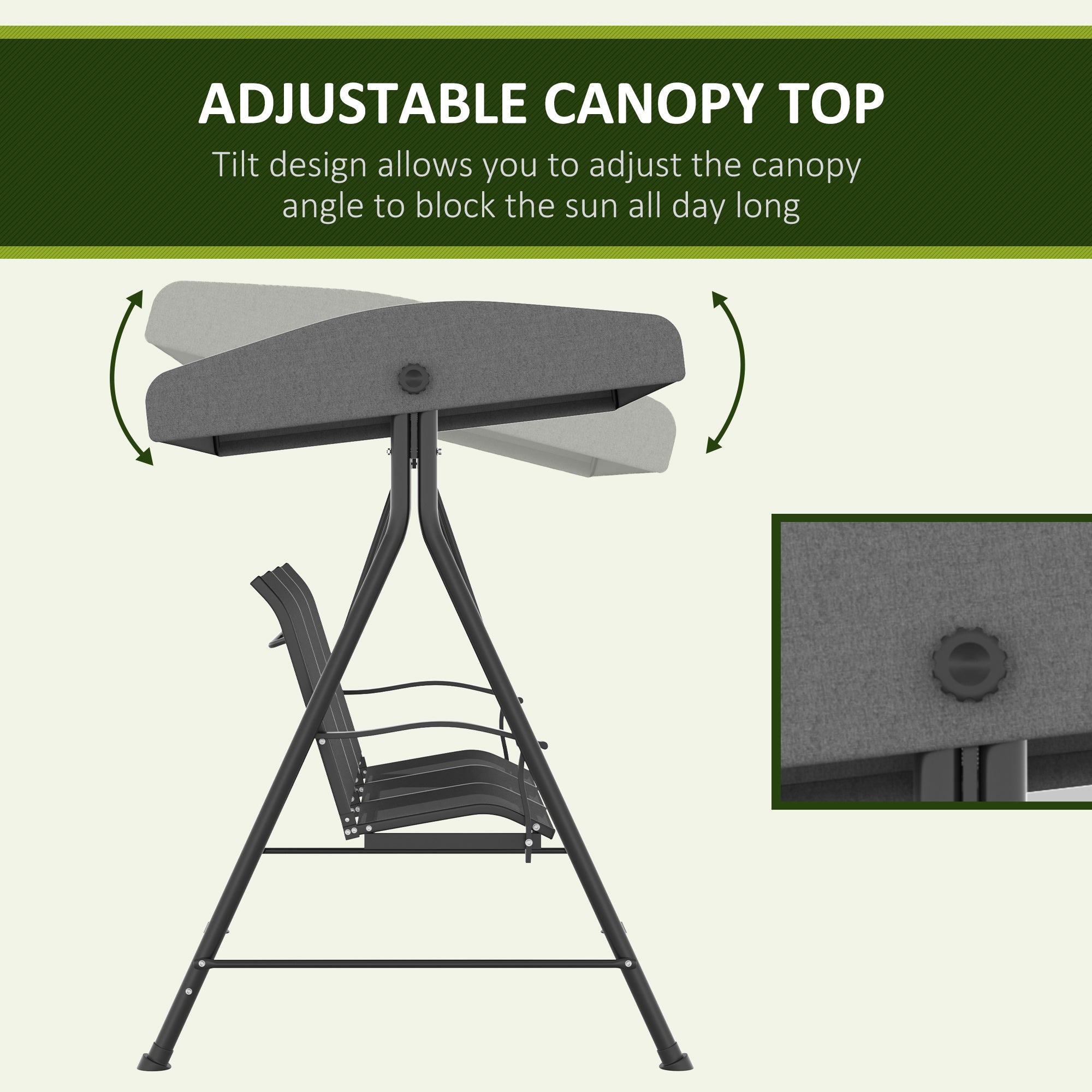 Outsunny 3 Seater Outdoor Swing Chair with Adjustable Canopy, Metal Porch Swing Bench for Patio, Garden, Backyard, Lawn, Dark Grey