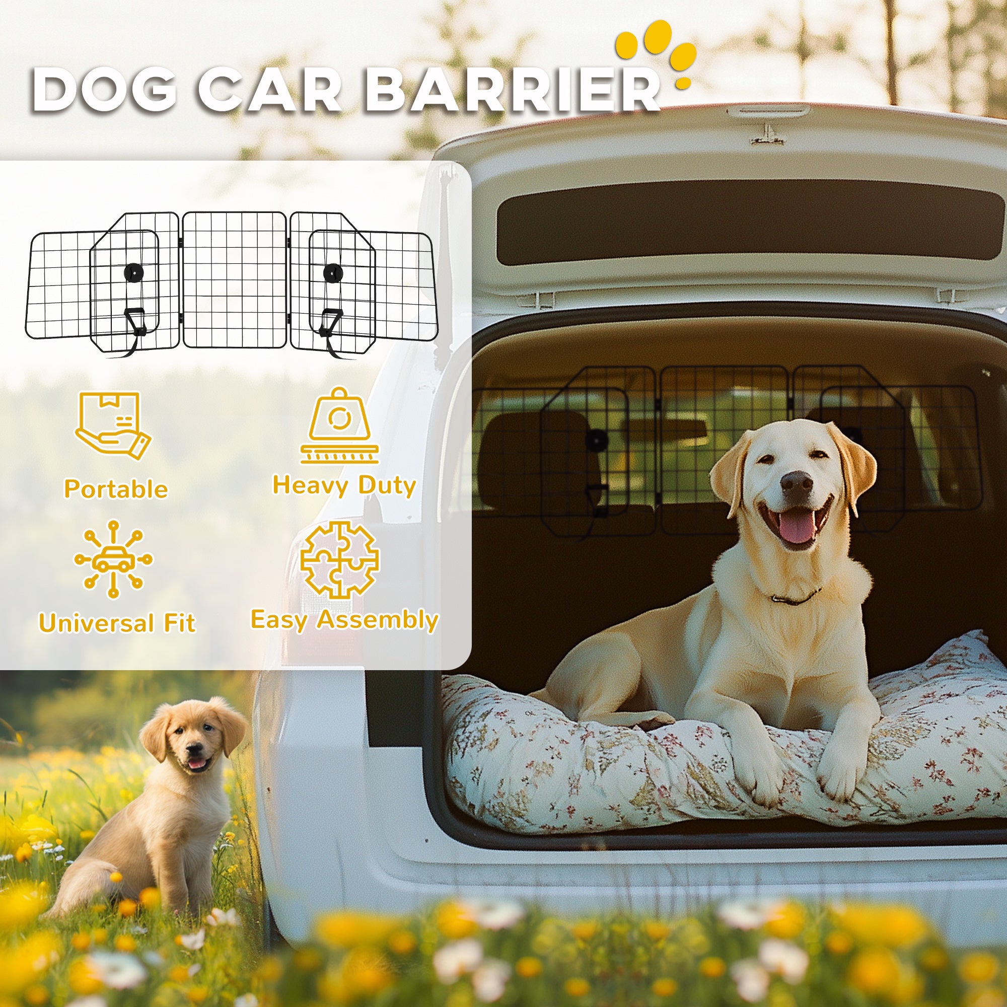 PawHut Dog Guard for SUVs, Vehicles, Vans, Car Barrier with Adjustable Width, Foldable Headrest, Mesh Dog Guard for Travel, Black