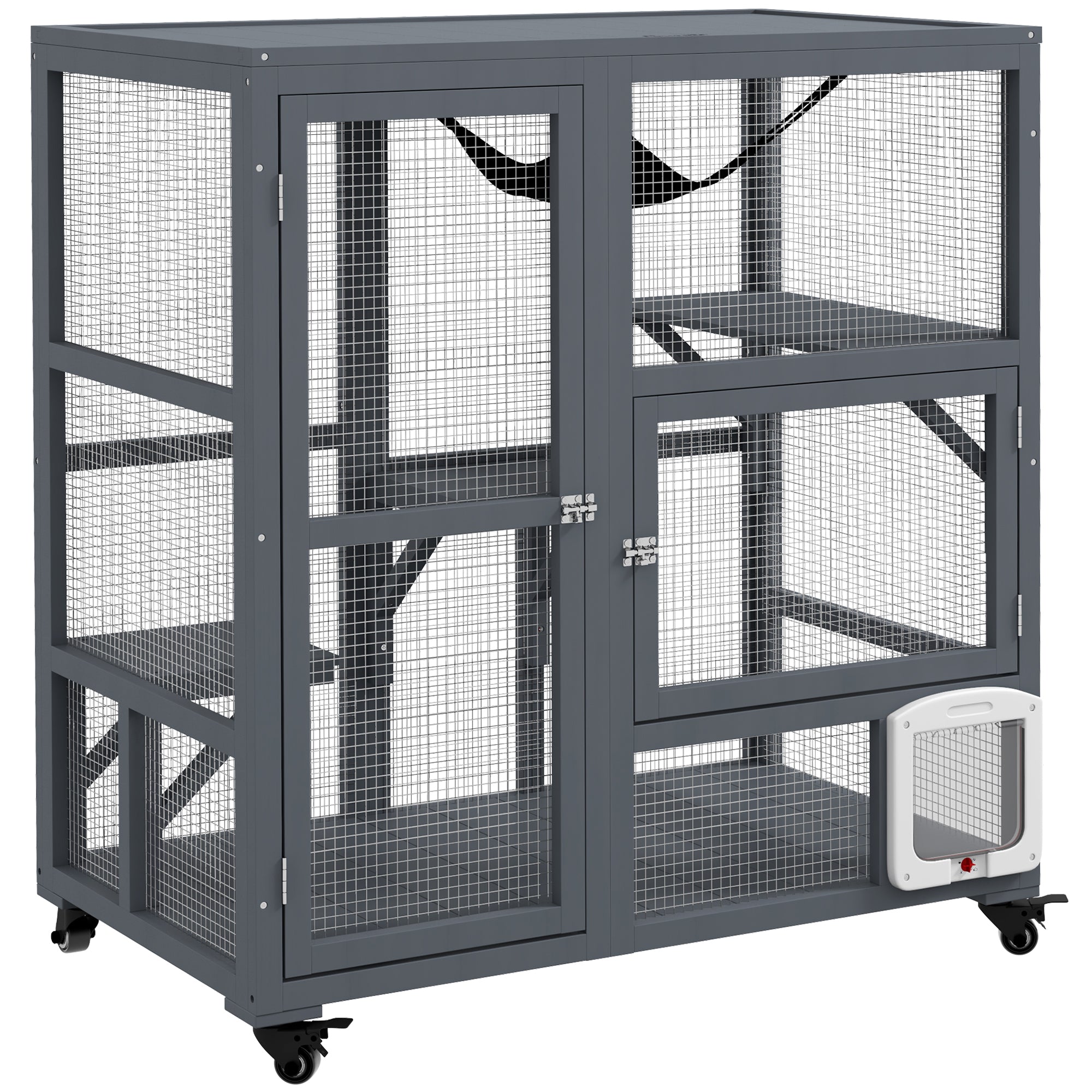PawHut Wooden Cat House for Indoor Cats 3 Levels Cat Condo Cat Villa on Wheels with Cat Flap Door Platforms Hammock Openable Top for 2 Cats, Light Grey