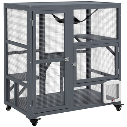 PawHut Wooden Cat House for Indoor Cats 3 Levels Cat Condo Cat Villa on Wheels with Cat Flap Door Platforms Hammock Openable Top for 2 Cats, Light Grey