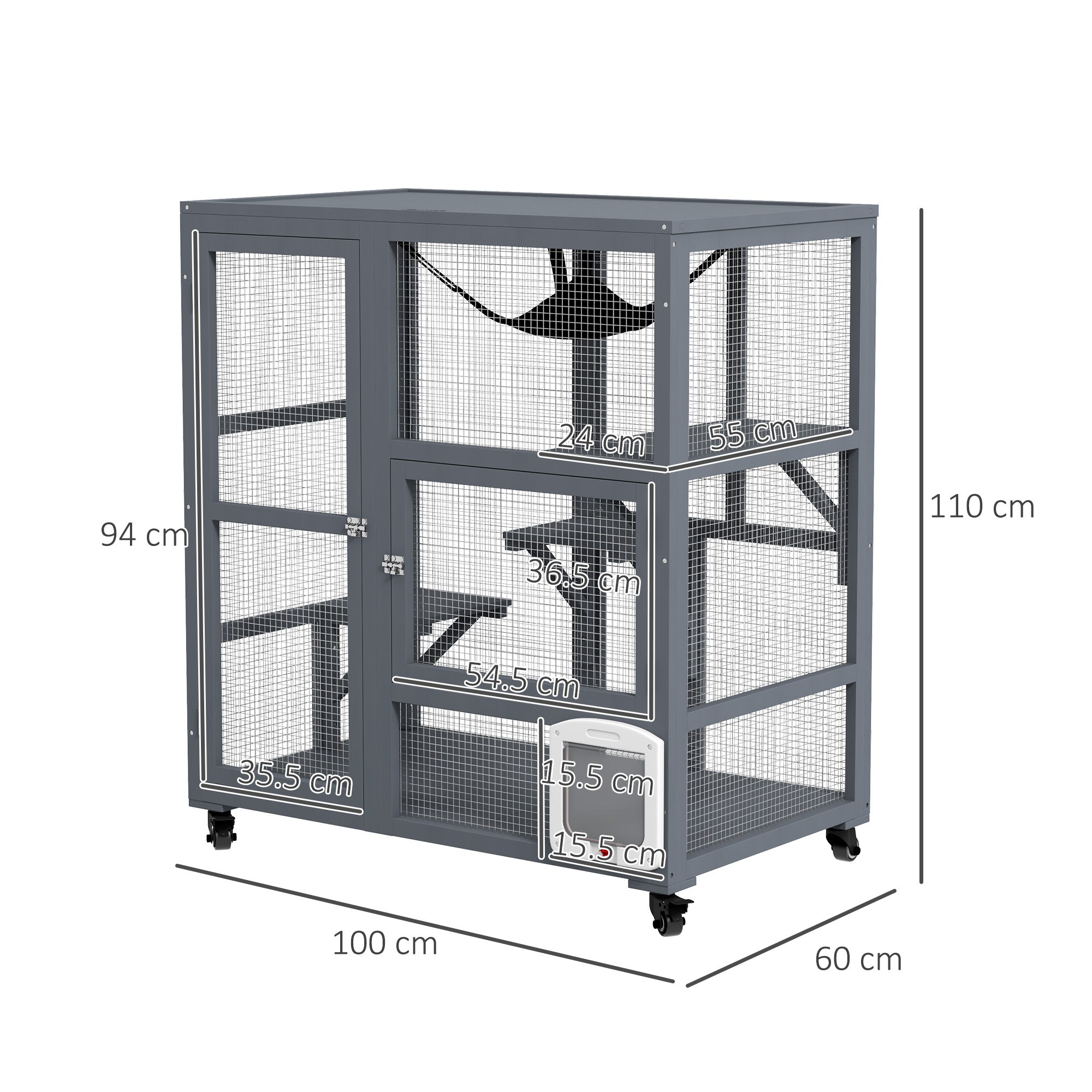PawHut Cat Cage House, Catio Cat Outdoor Enclosure on Wheels, Weather-Resistant Wooden Kitty Cage with Platforms, Hammock, Light Grey