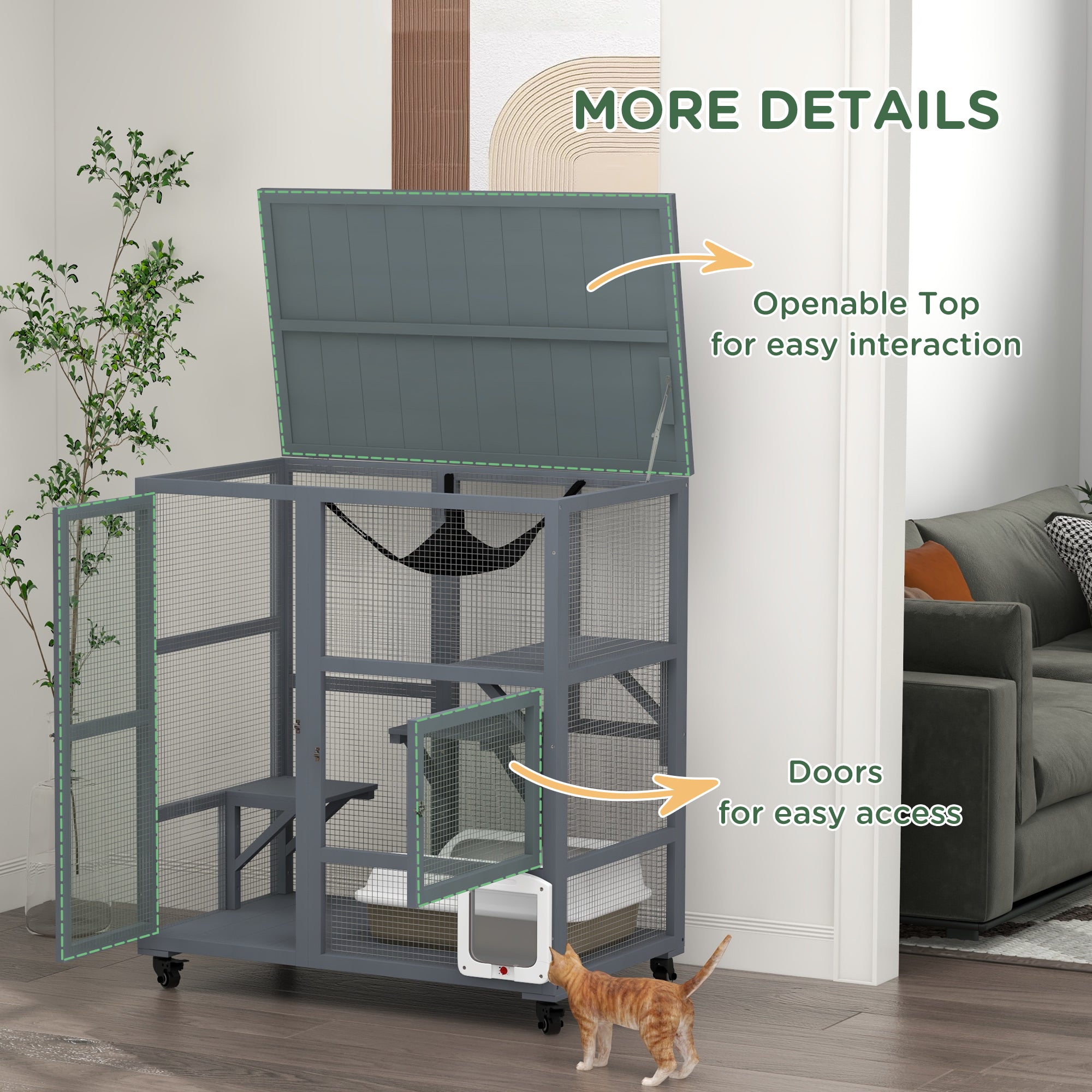PawHut Wooden Cat House for Indoor Cats 3 Levels Cat Condo Cat Villa on Wheels with Cat Flap Door Platforms Hammock Openable Top for 2 Cats, Light Grey
