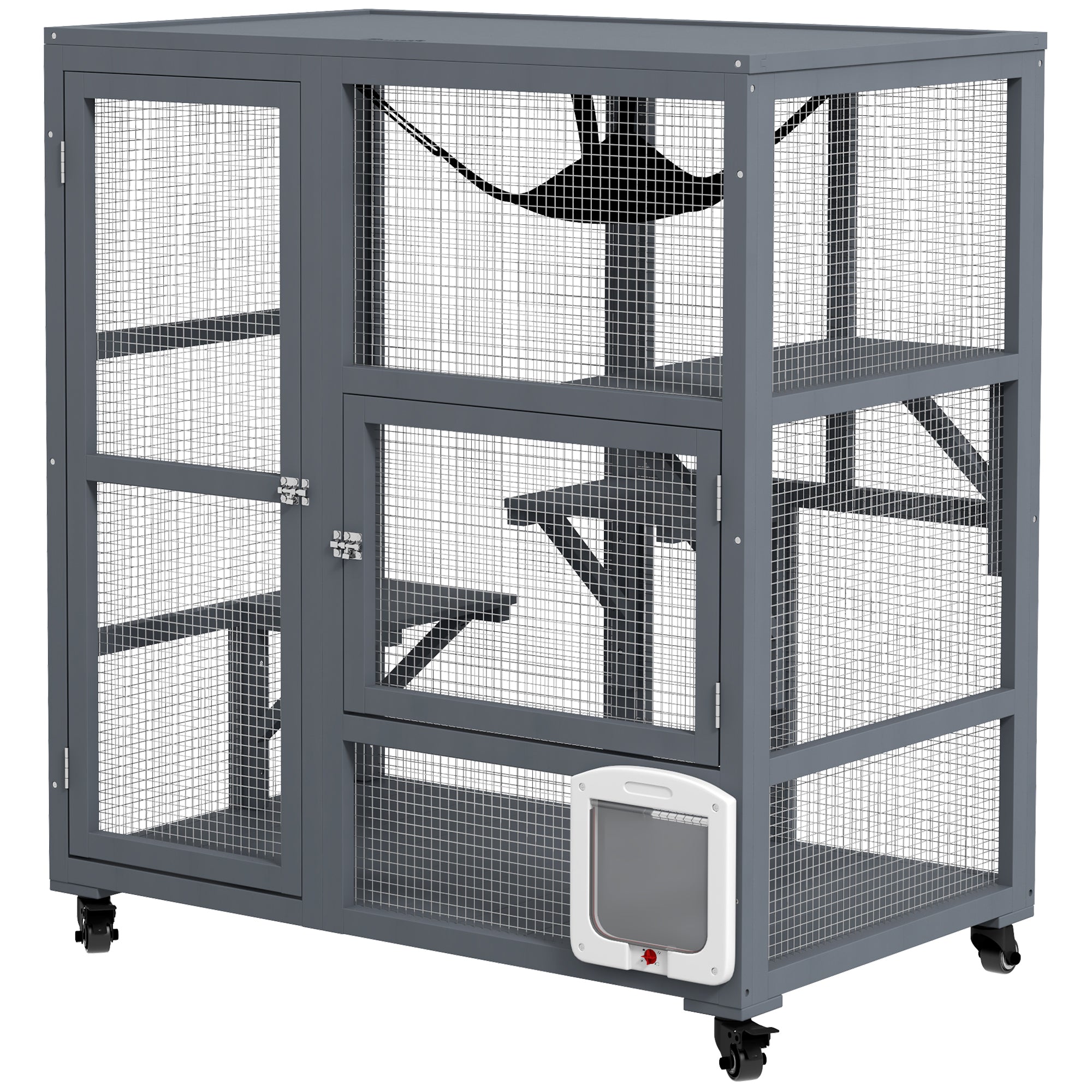 PawHut Wooden Cat House for Indoor Cats 3 Levels Cat Condo Cat Villa on Wheels with Cat Flap Door Platforms Hammock Openable Top for 2 Cats, Light Grey