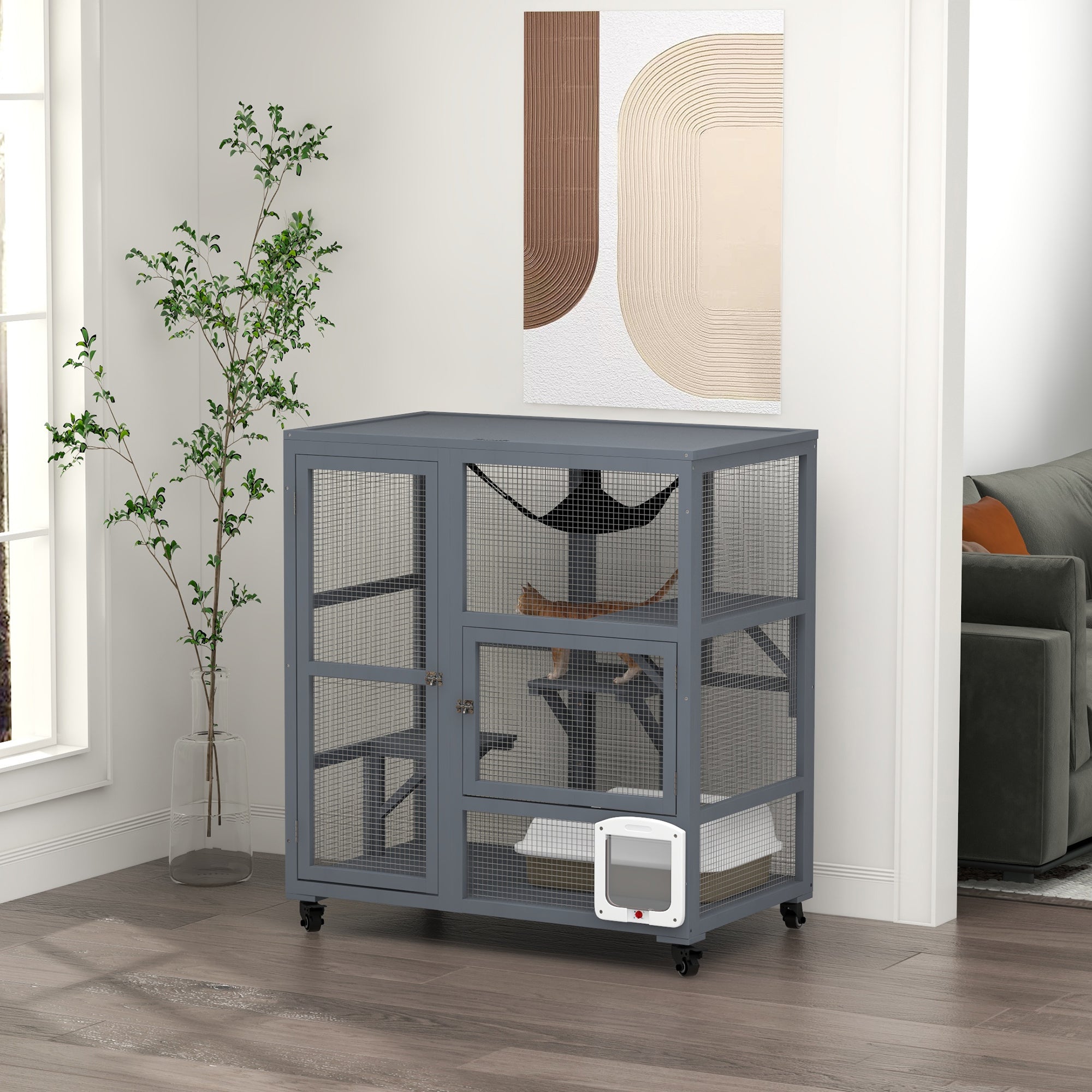 PawHut Wooden Cat House for Indoor Cats 3 Levels Cat Condo Cat Villa on Wheels with Cat Flap Door Platforms Hammock Openable Top for 2 Cats, Light Grey
