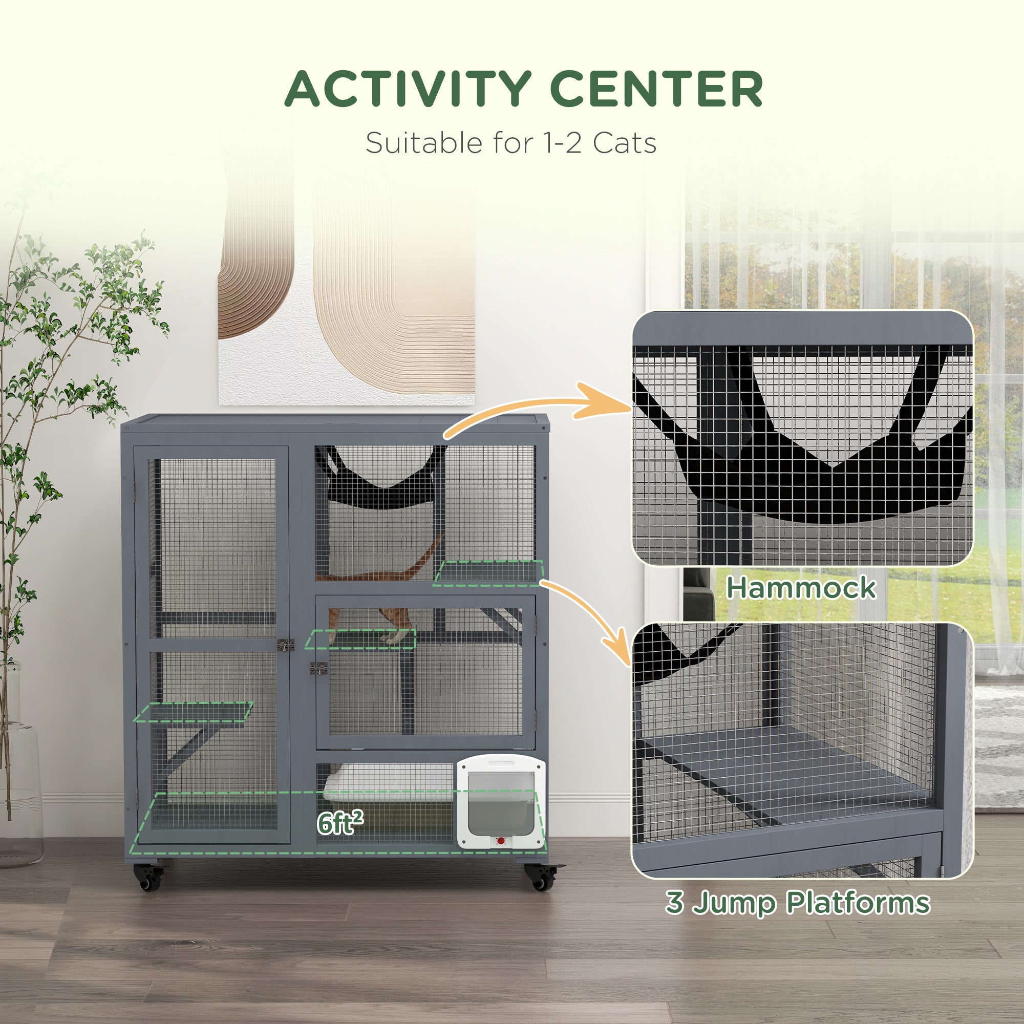 PawHut Cat Cage House, Catio Cat Outdoor Enclosure on Wheels, Weather-Resistant Wooden Kitty Cage with Platforms, Hammock, Light Grey