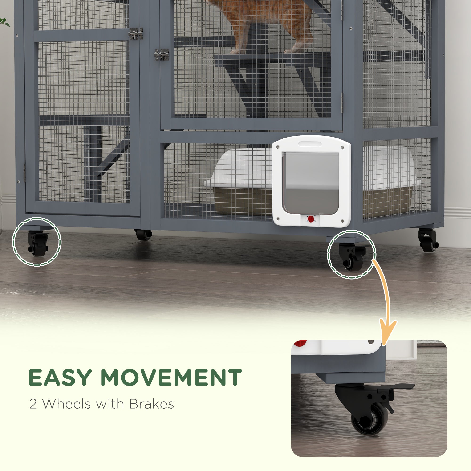 PawHut Wooden Cat House for Indoor Cats 3 Levels Cat Condo Cat Villa on Wheels with Cat Flap Door Platforms Hammock Openable Top for 2 Cats, Light Grey