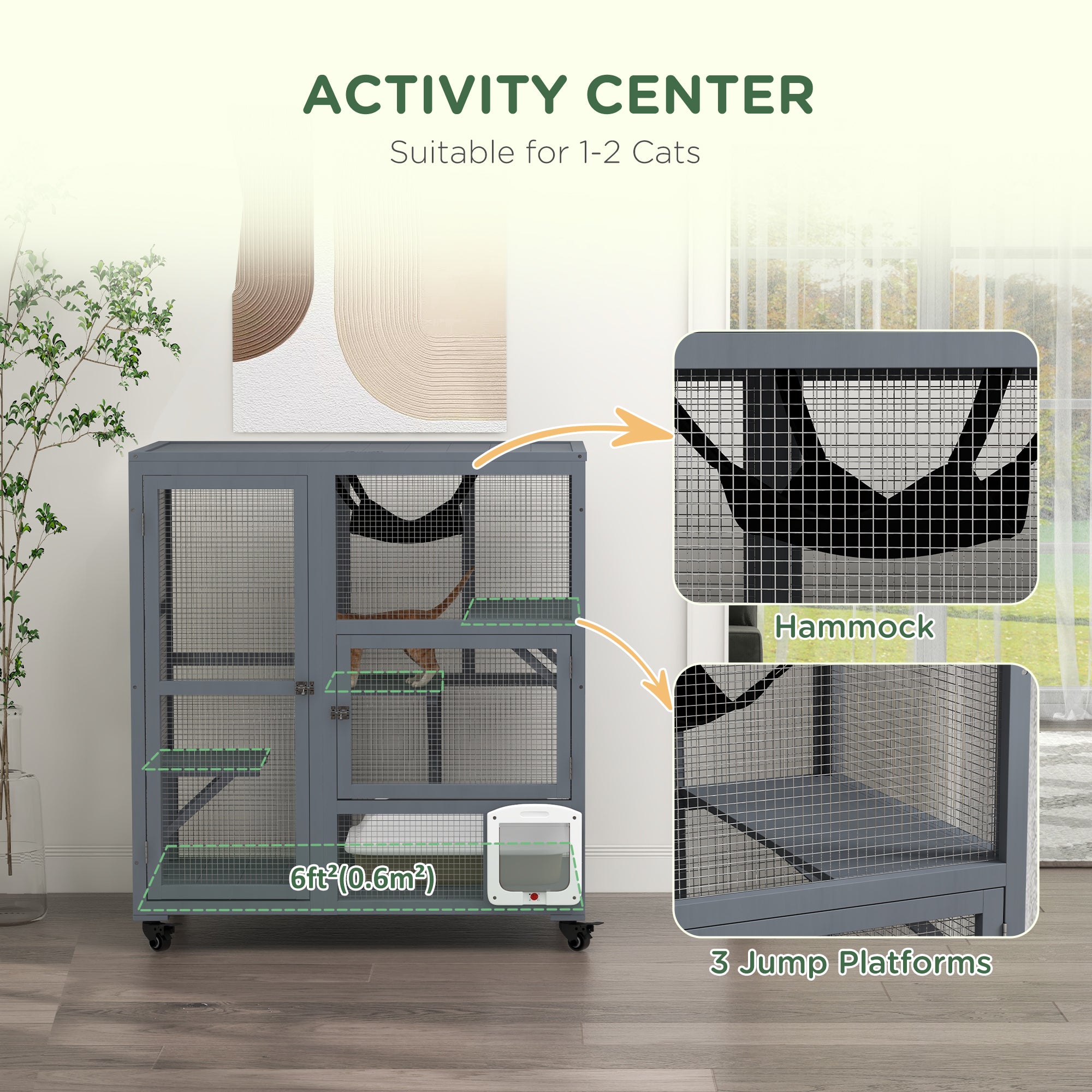 PawHut Wooden Cat House for Indoor Cats 3 Levels Cat Condo Cat Villa on Wheels with Cat Flap Door Platforms Hammock Openable Top for 2 Cats, Light Grey