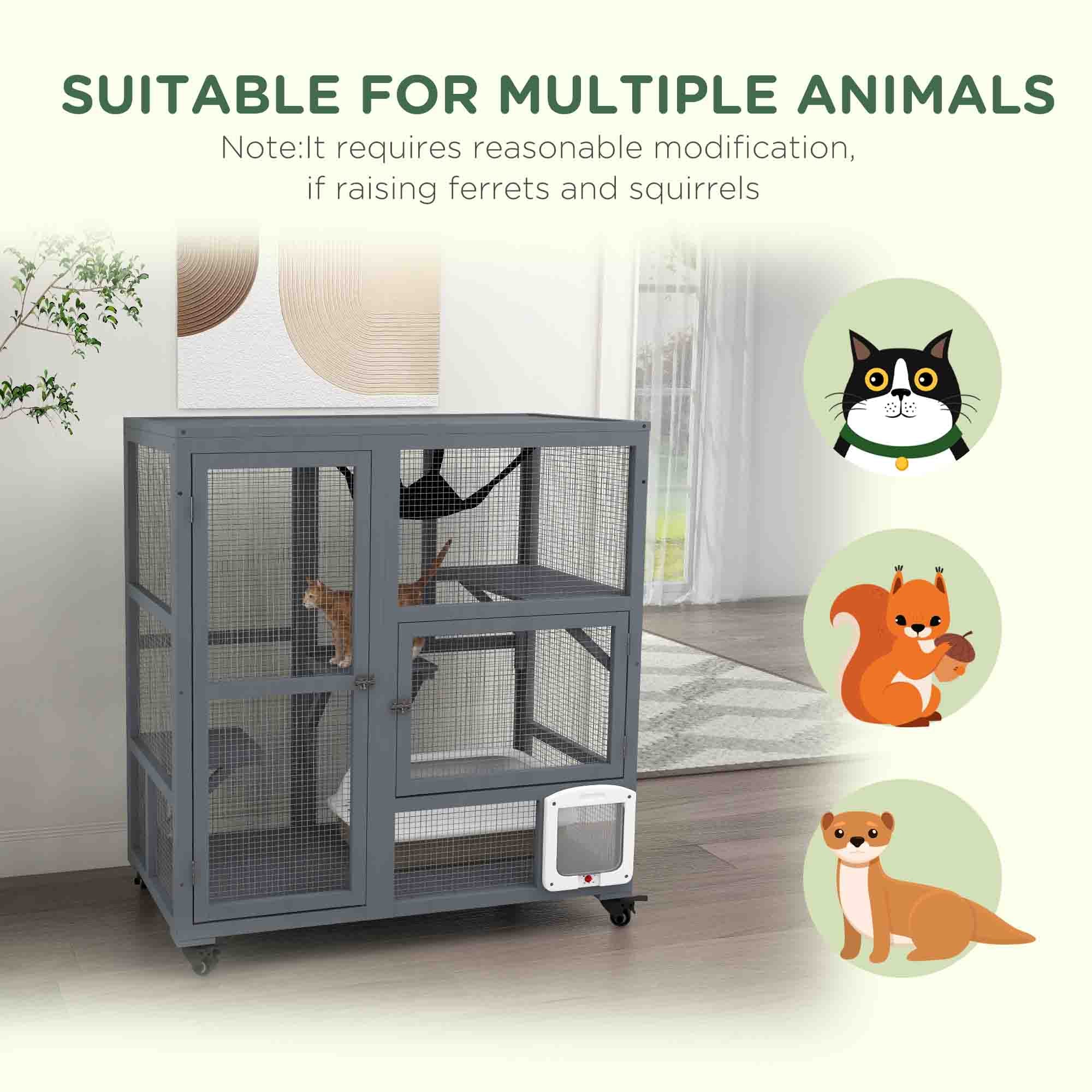 PawHut Wooden Cat House for Indoor Cats 3 Levels Cat Condo Cat Villa on Wheels with Cat Flap Door Platforms Hammock Openable Top for 2 Cats, Light Grey