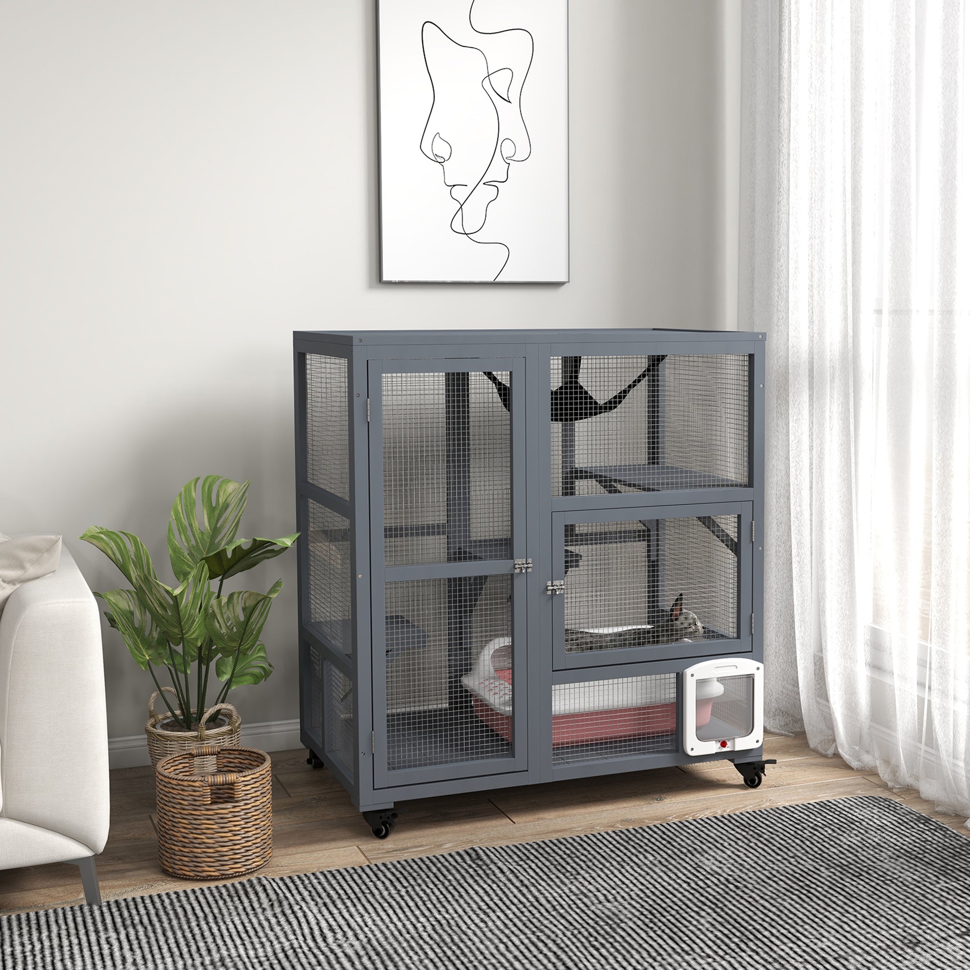 PawHut Wooden Cat House for Indoor Cats 3 Levels Cat Condo Cat Villa on Wheels with Cat Flap Door Platforms Hammock Openable Top for 2 Cats, Light Grey