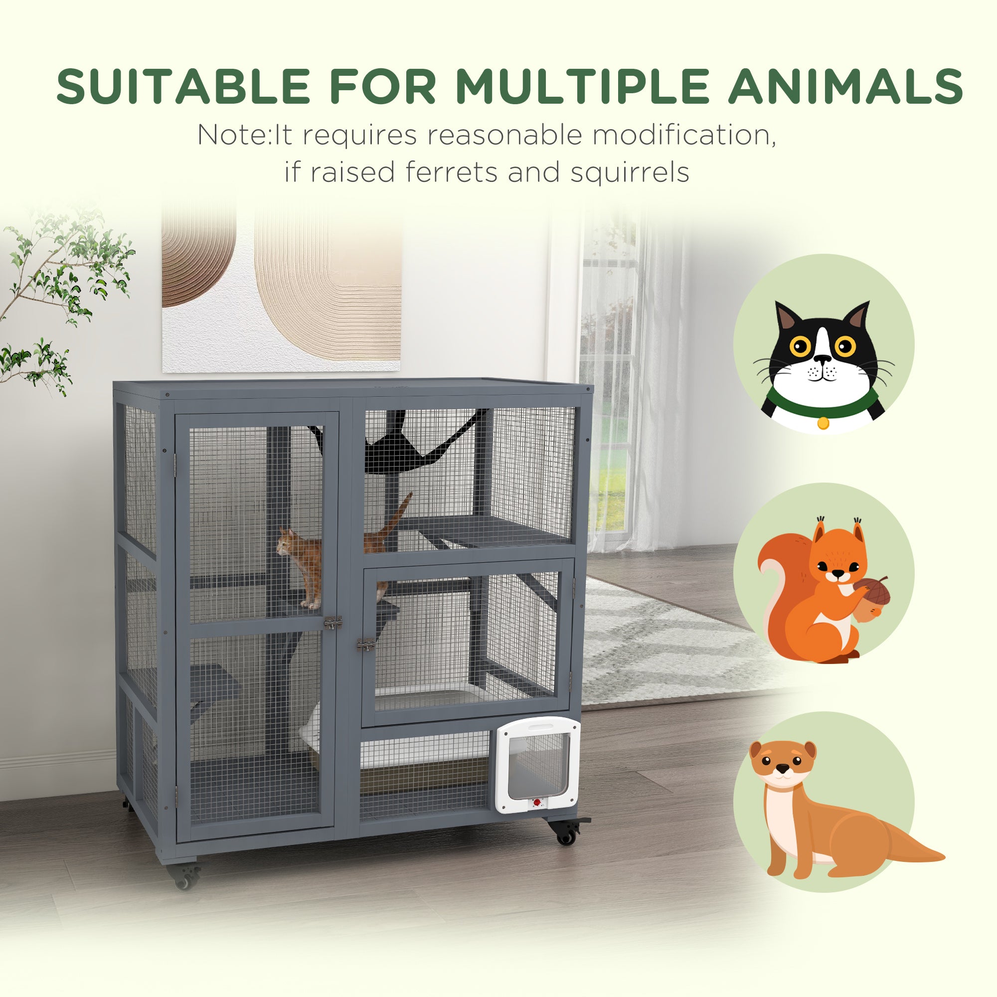 PawHut Cat Cage House, Catio Cat Outdoor Enclosure on Wheels, Weather-Resistant Wooden Kitty Cage with Platforms, Hammock, Light Grey