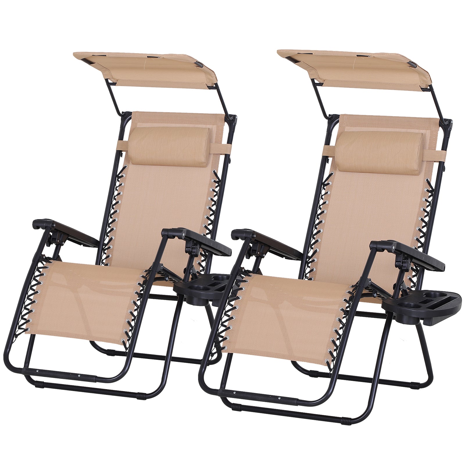 Outsunny 2 Piece Foldable Lounge Chair with Canopy Shade, Outdoor Zero Gravity Chair w/ Side Tray & Cup Holder, Reclining Lounger w/ Breathable Mesh Fabric Seat, Pillow, Beige
