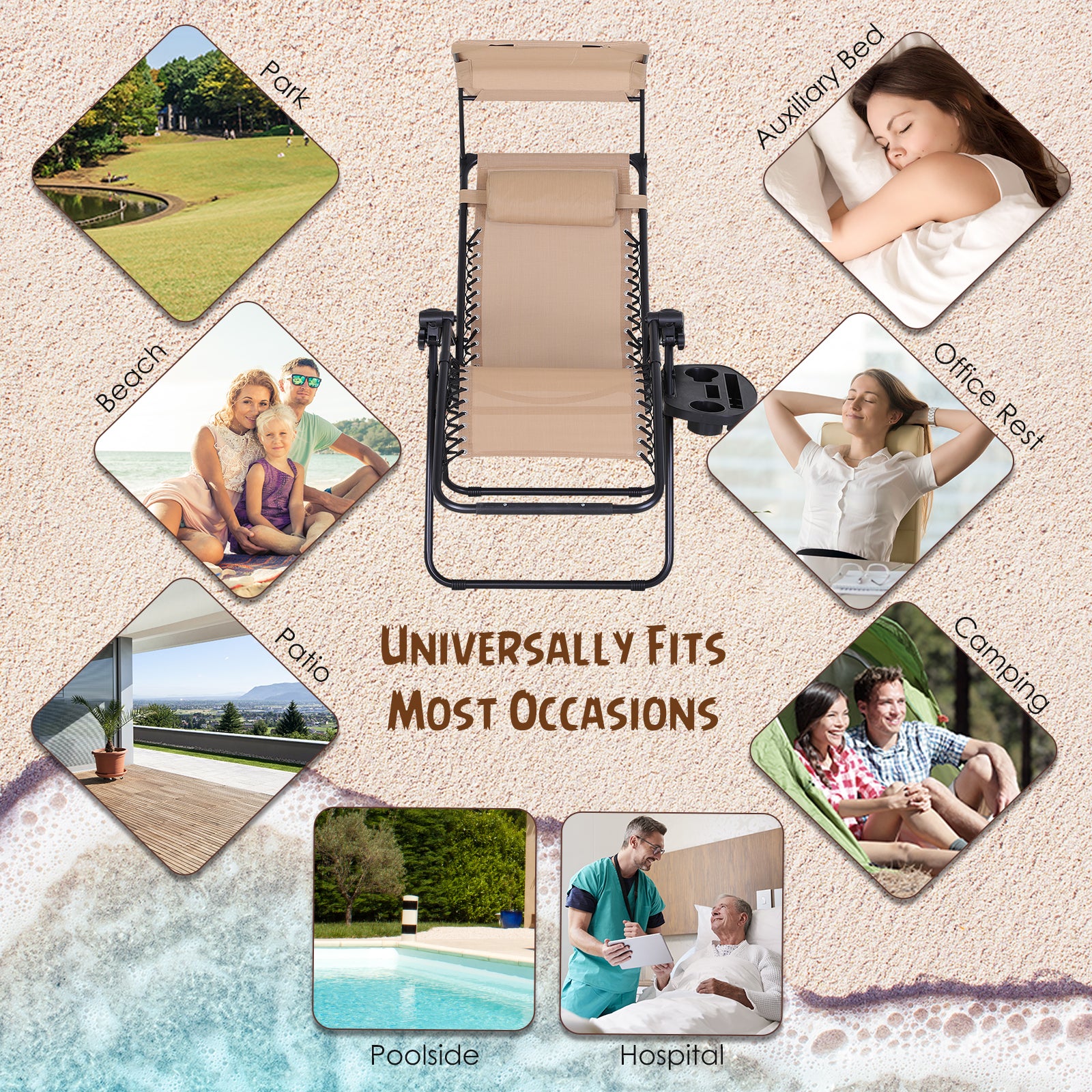 Outsunny 2 Piece Foldable Lounge Chair with Canopy Shade, Outdoor Zero Gravity Chair w/ Side Tray & Cup Holder, Reclining Lounger w/ Breathable Mesh Fabric Seat, Pillow, Beige