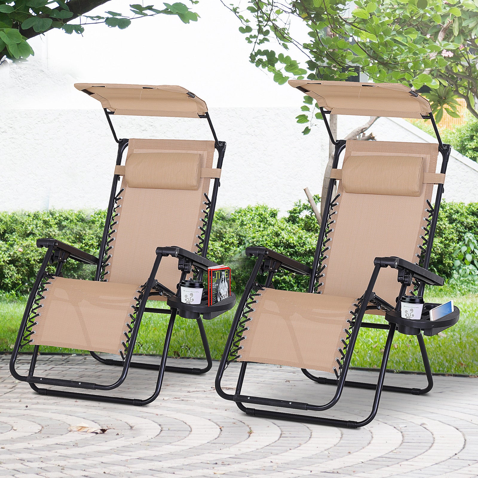 Outsunny 2 Piece Foldable Lounge Chair with Canopy Shade, Outdoor Zero Gravity Chair w/ Side Tray & Cup Holder, Reclining Lounger w/ Breathable Mesh Fabric Seat, Pillow, Beige