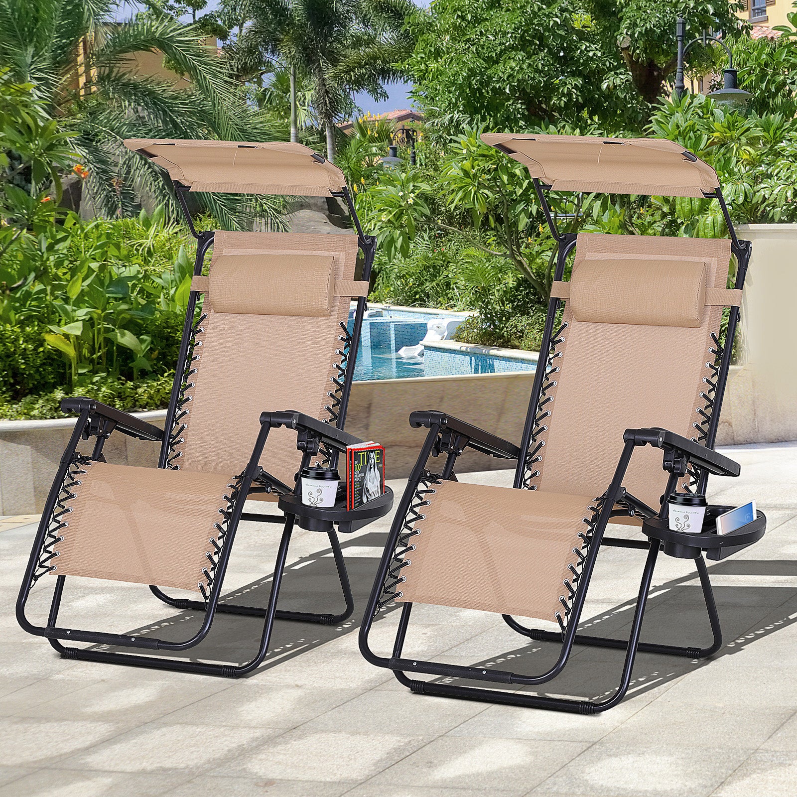 Outsunny 2 Piece Foldable Lounge Chair with Canopy Shade, Outdoor Zero Gravity Chair w/ Side Tray & Cup Holder, Reclining Lounger w/ Breathable Mesh Fabric Seat, Pillow, Beige