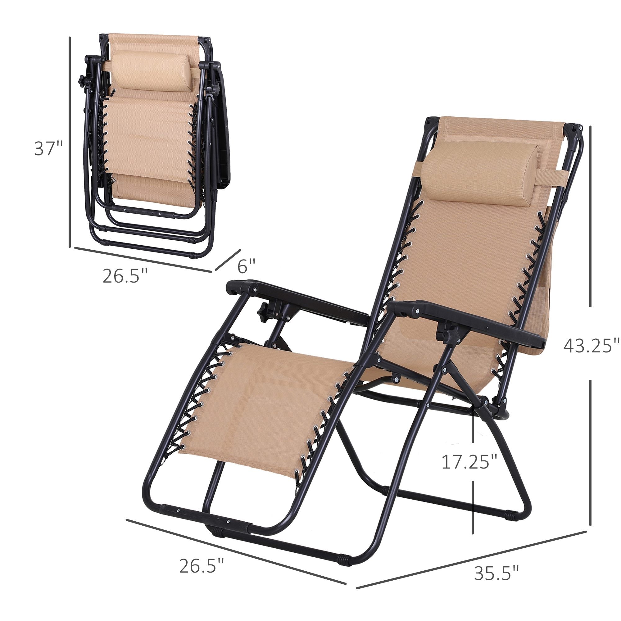 Outsunny 2 Piece Foldable Lounge Chair with Canopy Shade, Outdoor Zero Gravity Chair w/ Side Tray & Cup Holder, Reclining Lounger w/ Breathable Mesh Fabric Seat, Pillow, Beige