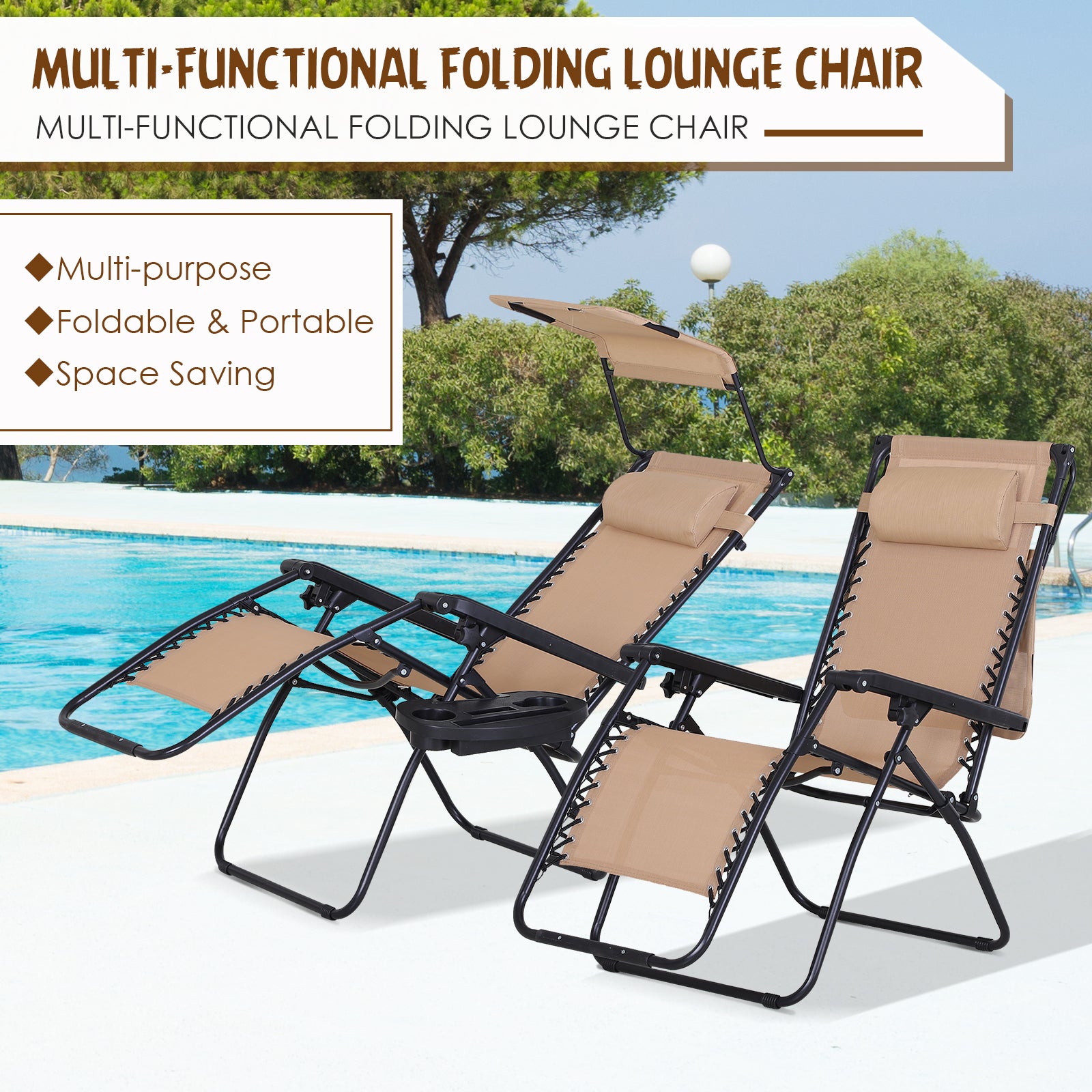 Outsunny 2 Piece Foldable Lounge Chair with Canopy Shade, Outdoor Zero Gravity Chair w/ Side Tray & Cup Holder, Reclining Lounger w/ Breathable Mesh Fabric Seat, Pillow, Beige