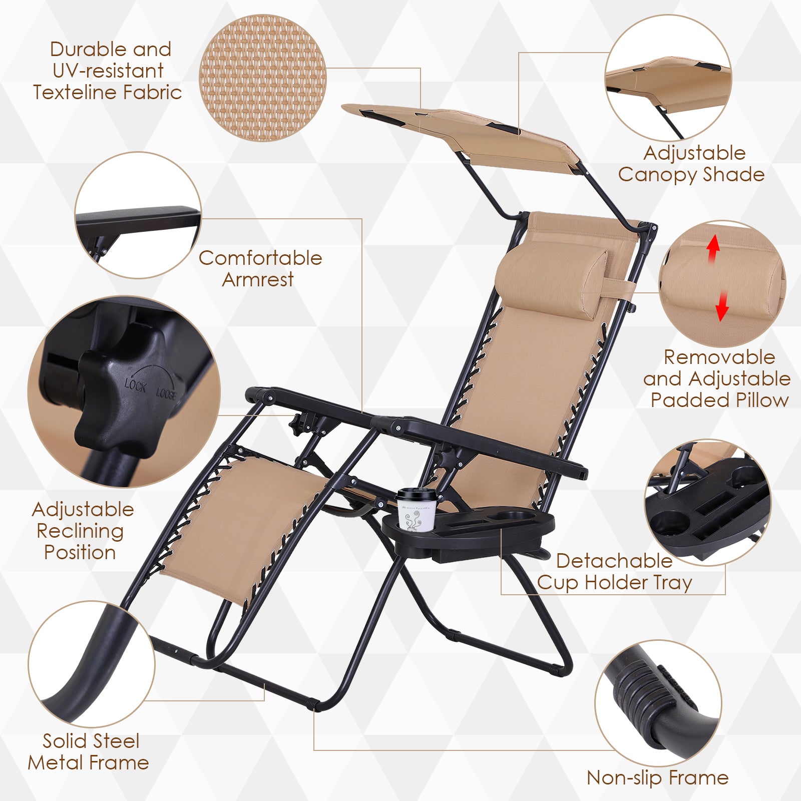 Outsunny 2 Piece Foldable Lounge Chair with Canopy Shade, Outdoor Zero Gravity Chair w/ Side Tray & Cup Holder, Reclining Lounger w/ Breathable Mesh Fabric Seat, Pillow, Beige