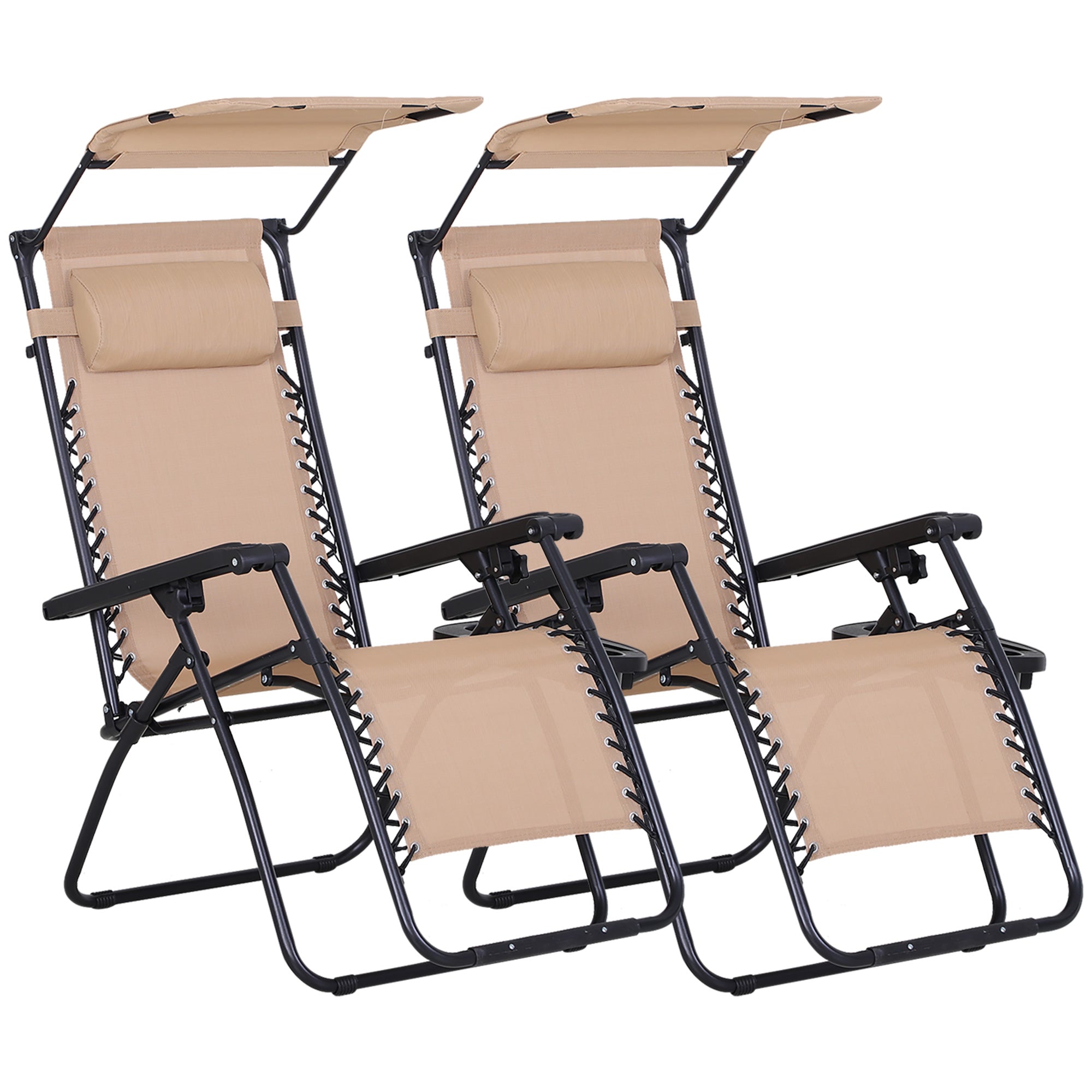 Outsunny 2 Piece Foldable Lounge Chair with Canopy Shade, Outdoor Zero Gravity Chair w/ Side Tray & Cup Holder, Reclining Lounger w/ Breathable Mesh Fabric Seat, Pillow, Beige