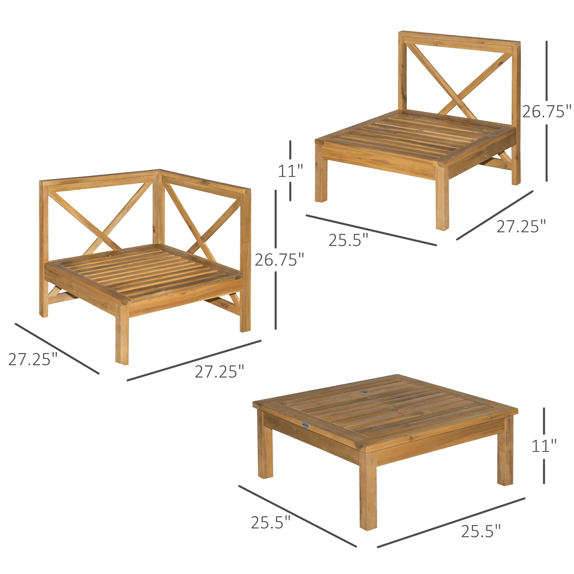 Outsunny 6-Piece Wooden Patio Sofa Sectional Set with 5 Sofas, 1 Coffee Table, 5 Cushions & 8 Pillows, Cream White