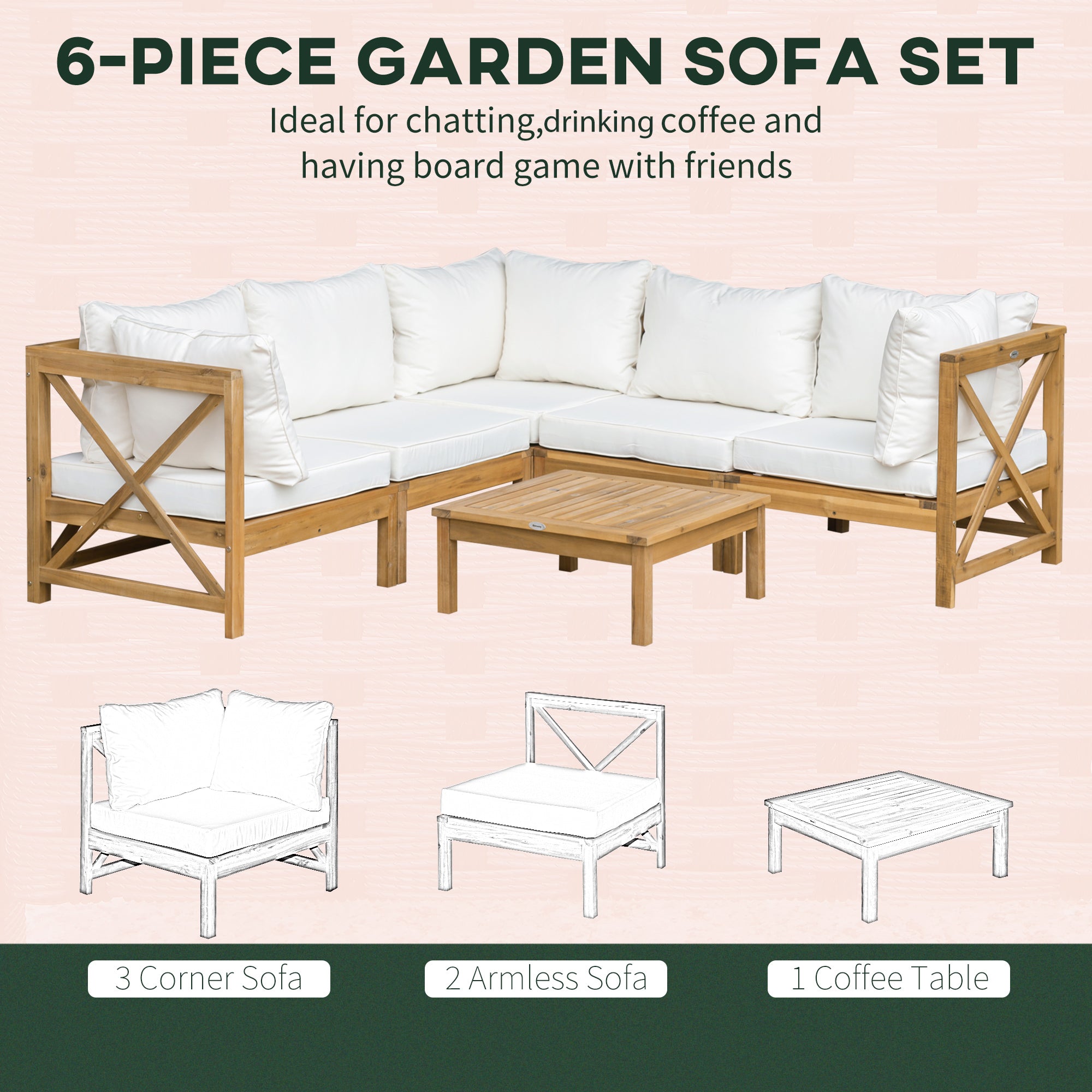Outsunny 6-Piece Wooden Patio Sofa Sectional Set with 5 Sofas, 1 Coffee Table, 5 Cushions & 8 Pillows, Cream White