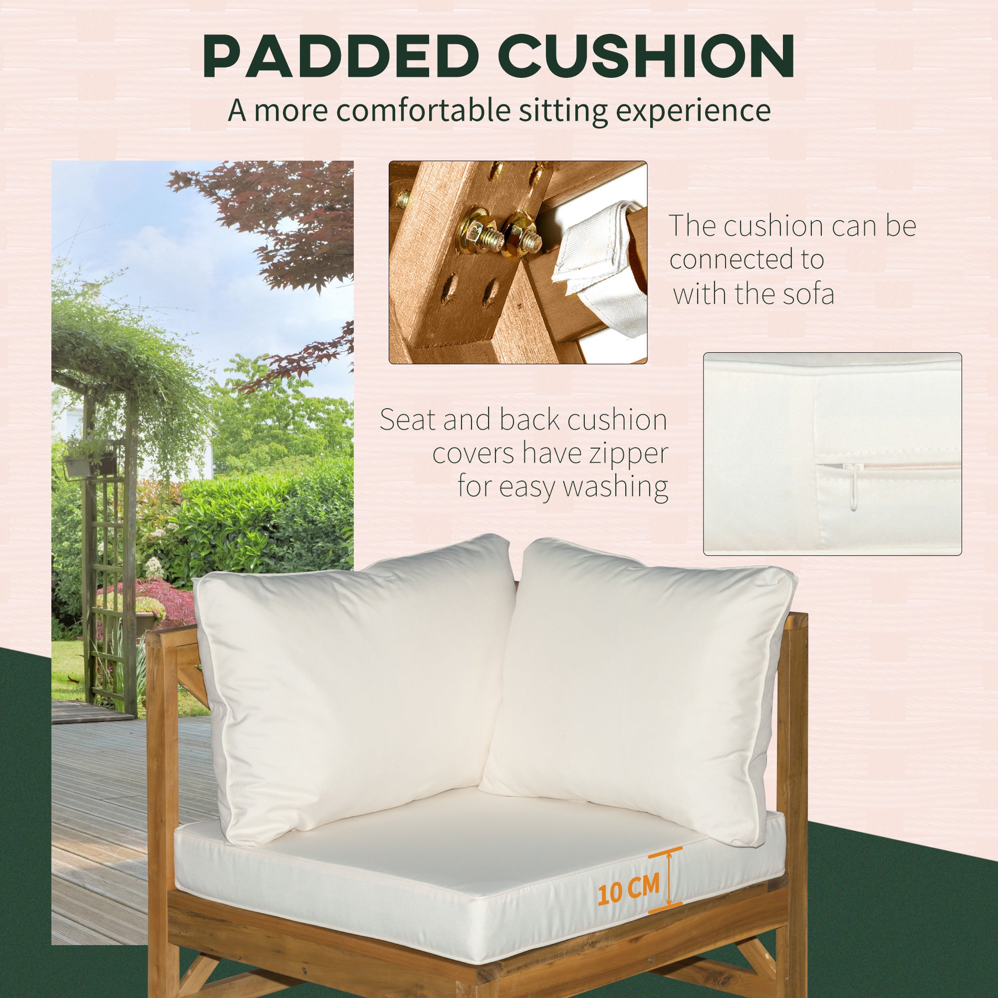 Outsunny 6-Piece Wooden Patio Sofa Sectional Set with 5 Sofas, 1 Coffee Table, 5 Cushions & 8 Pillows, Cream White