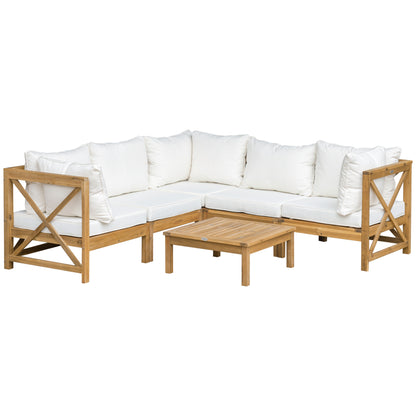 Outsunny 6-Piece Wooden Patio Sofa Sectional Set with 5 Sofas, 1 Coffee Table, 5 Cushions & 8 Pillows, Cream White