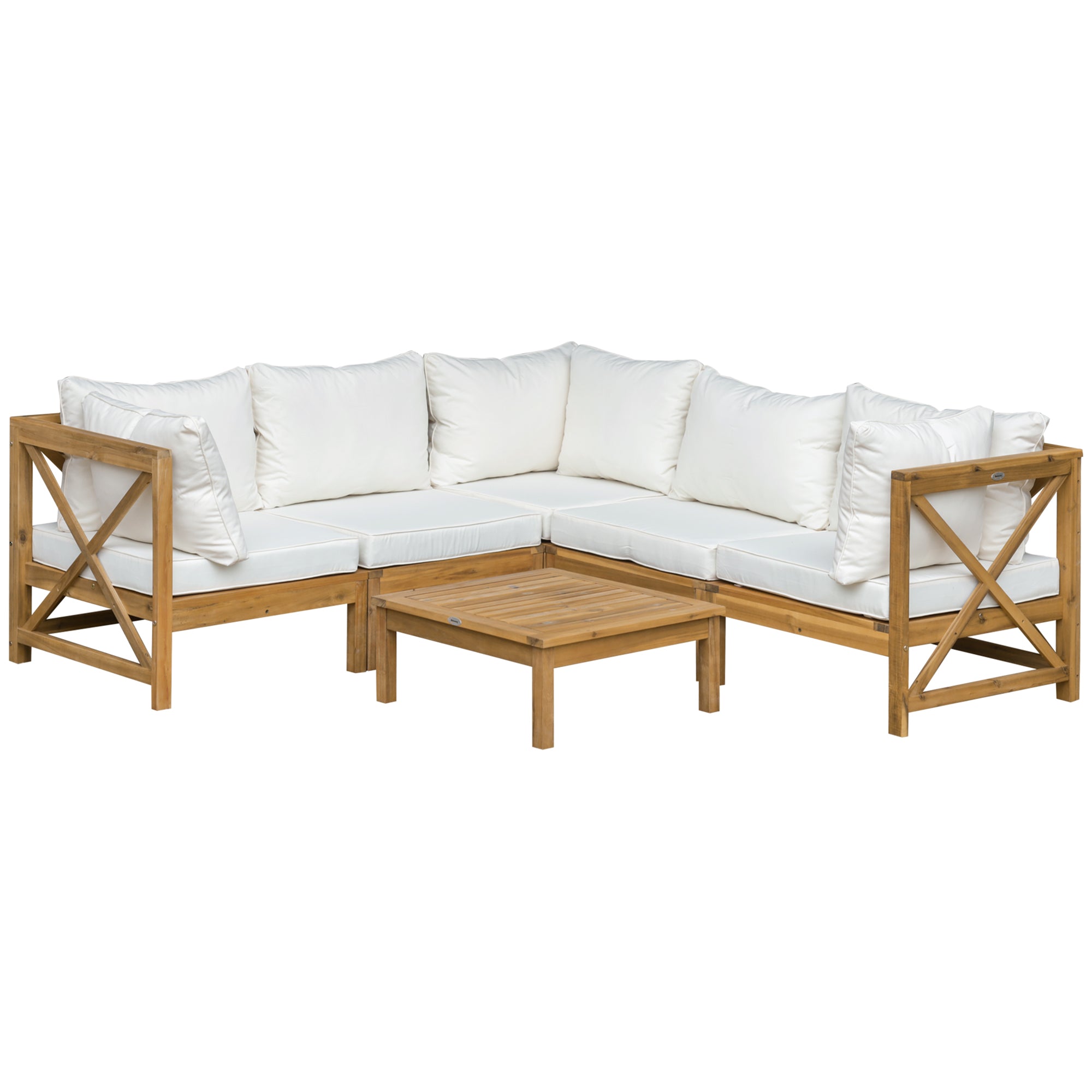 Outsunny 6-Piece Wooden Patio Sofa Sectional Set with 5 Sofas, 1 Coffee Table, 5 Cushions & 8 Pillows, Cream White