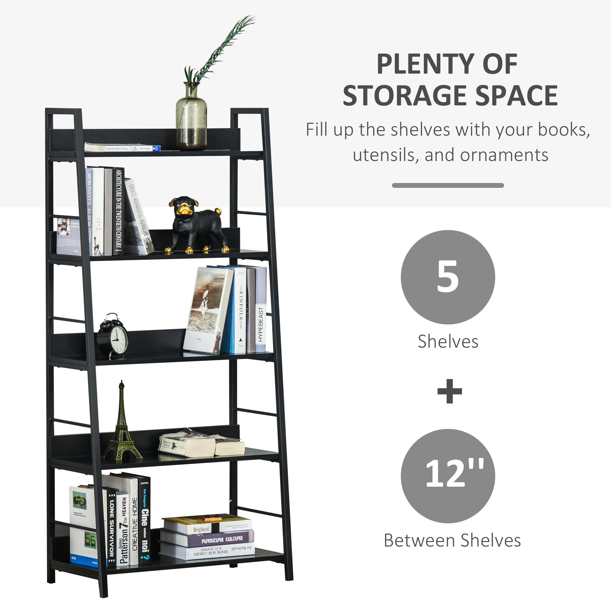 HOMCOM Modern Bookshelf Storage with 5-Tier Wide Shelving, Metal Frame, Wooden Bookcase for Living Room Library Home Furniture, Black