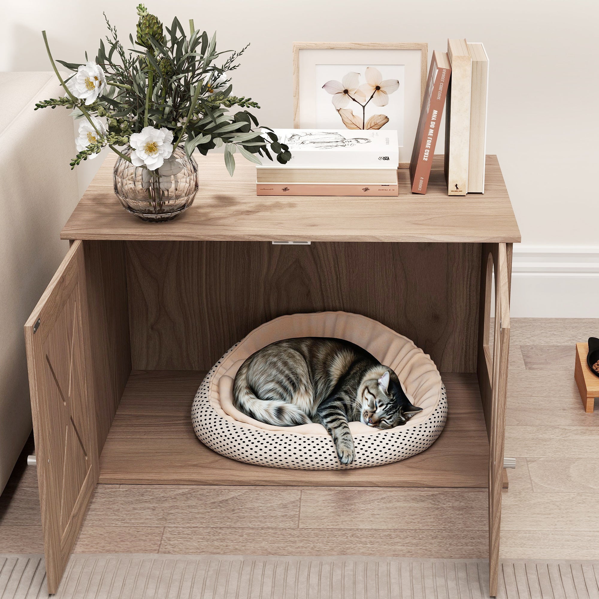 PawHut Cat Litter Box Enclosure, Hidden Cat Litter Box Furniture with Ventilated Door, Cat Hole, Cat Washroom, Indoor Cat House, Walnut