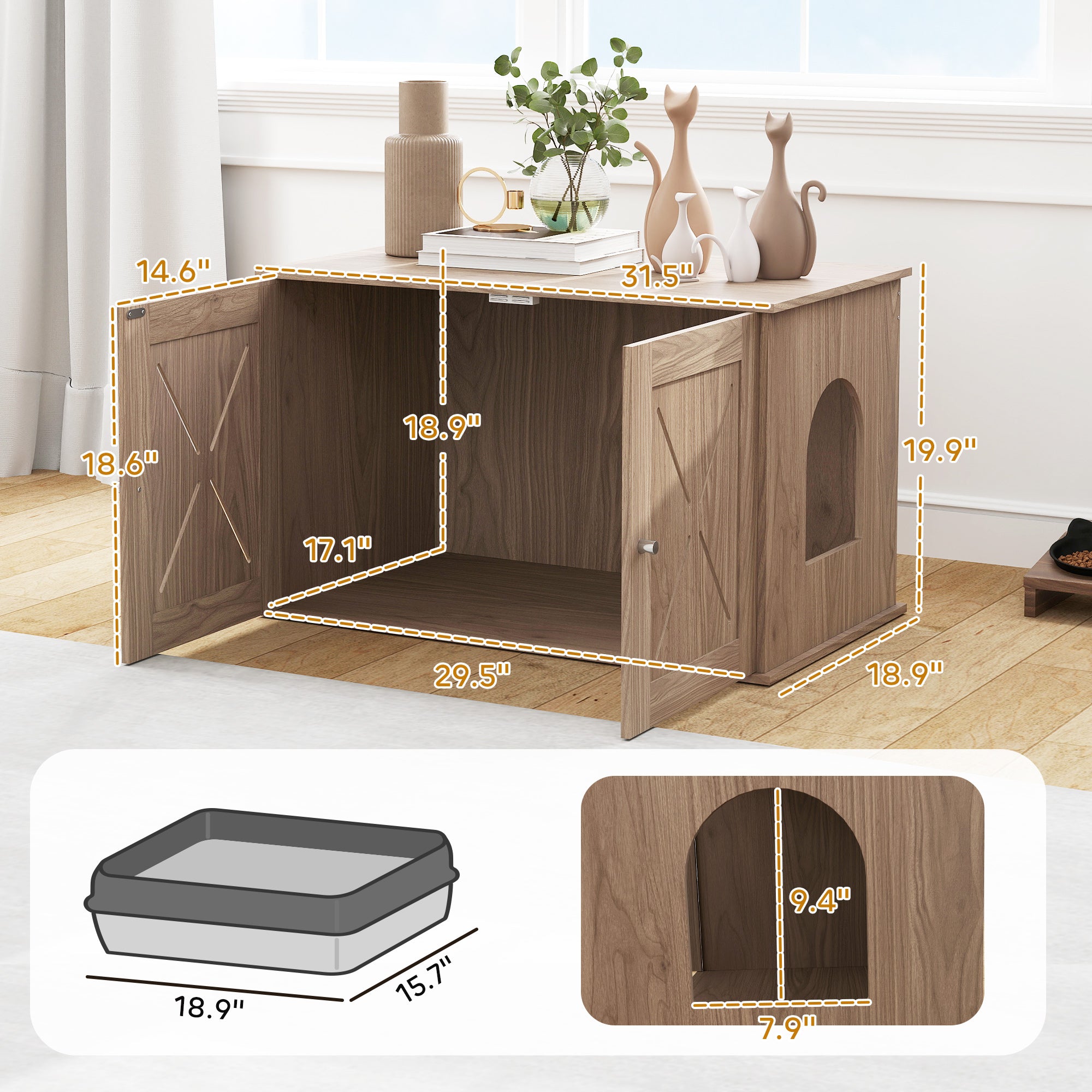 PawHut Cat Litter Box Enclosure, Hidden Cat Litter Box Furniture with Ventilated Door, Cat Hole, Cat Washroom, Indoor Cat House, Walnut