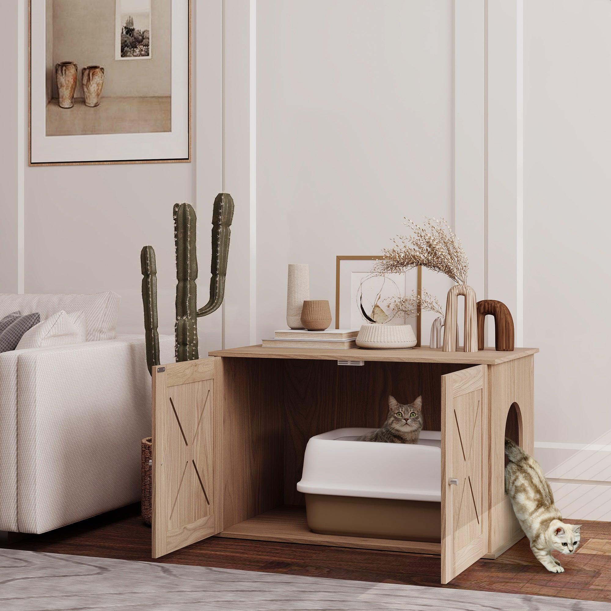 PawHut Cat Litter Box Enclosure, Hidden Cat Litter Box Furniture with Ventilated Door, Cat Hole, Cat Washroom, Indoor Cat House, Walnut
