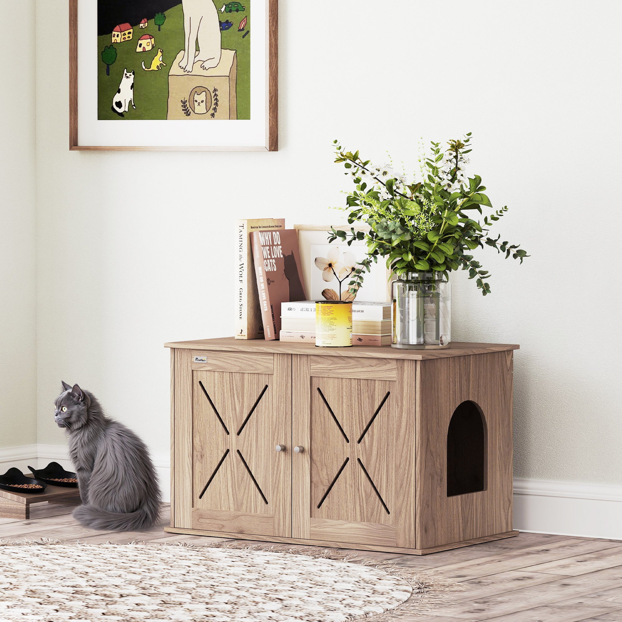 PawHut Cat Litter Box Enclosure, Cats House Litter Box Furniture with Double Doors and Side Entrance, Non-Slip Pads, Indoor Kitty House Hidden Washroom Toilet for Living Room, Walnut Brown