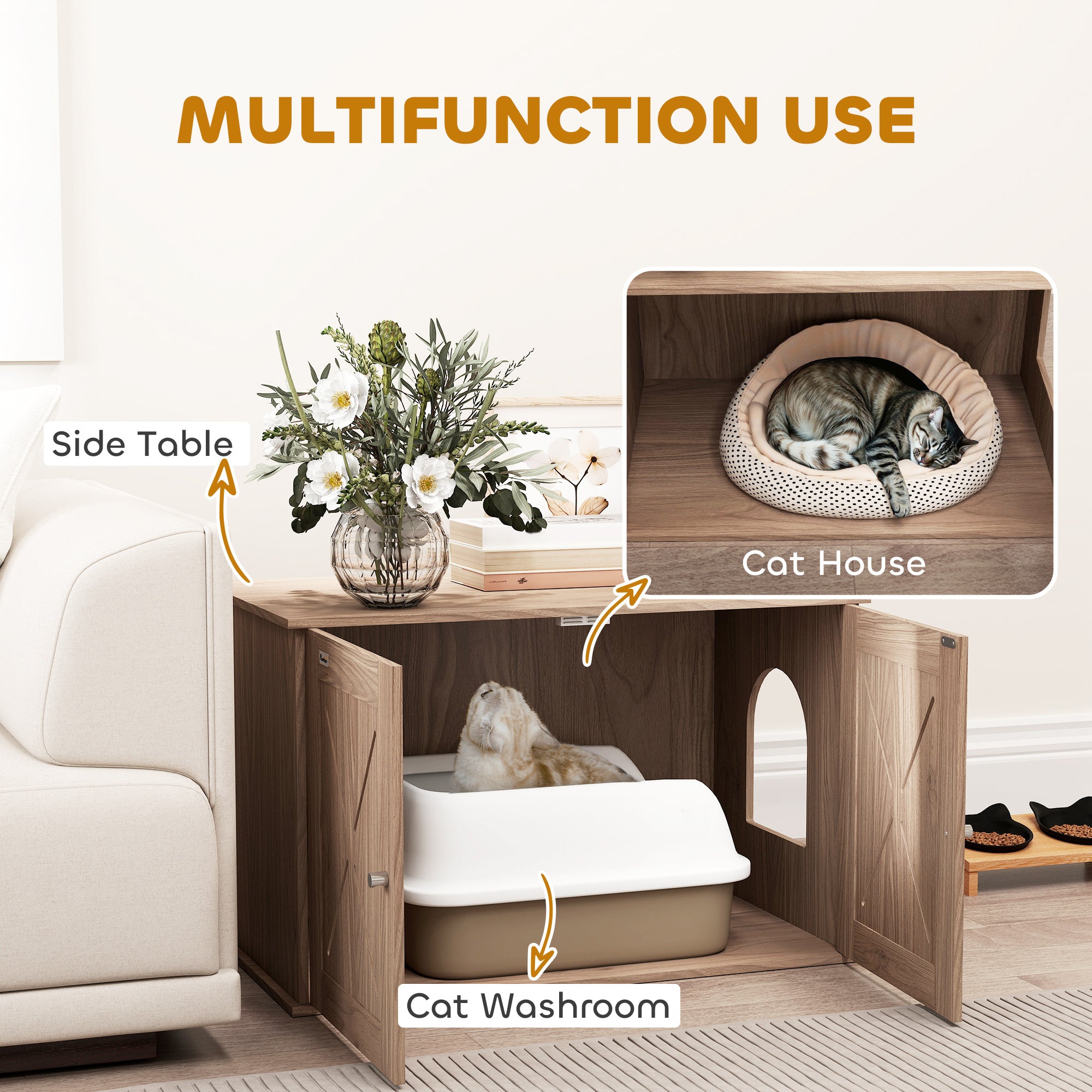 PawHut Cat Litter Box Enclosure, Hidden Cat Litter Box Furniture with Ventilated Door, Cat Hole, Cat Washroom, Indoor Cat House, Walnut